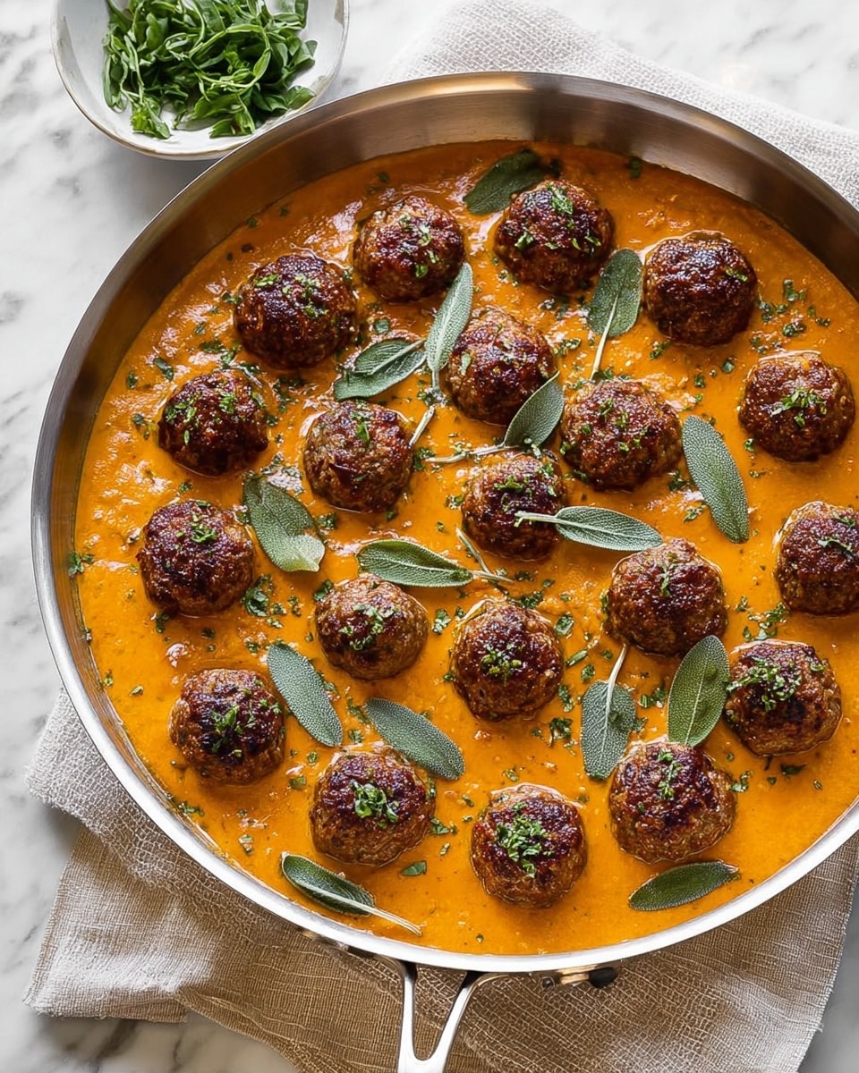 A white plate holds a pile of round meatballs, each with a browned, crispy outer layer showing hints of herbs and spices. The meatballs are packed closely together in the center of the plate, with some green herb leaves scattered beneath and around them, adding small pops of bright green color. The plate sits on a light beige cloth on top of a white marbled surface. In the blurry background, there is a large bowl with a creamy orange sauce inside. The photo was taken with an iphone --ar 4:5 --v 7