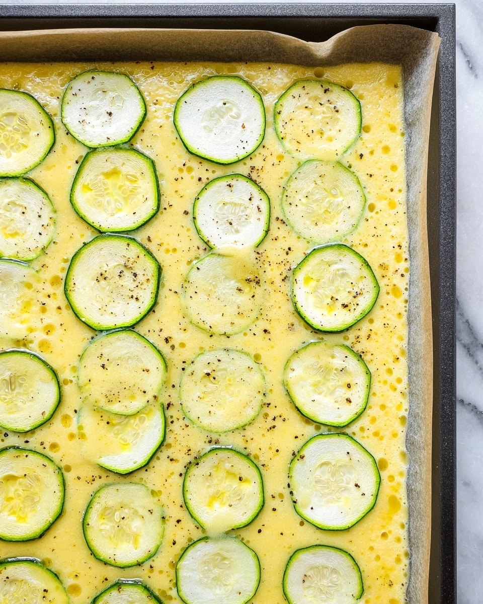 A close-up view of a rectangular baking tray with a single layer of light yellow egg mixture spread evenly on parchment paper. On top of the egg layer, there are multiple thin, circular slices of green zucchini placed in a neat grid pattern, each zucchini slice showing a translucent center with seeds. The surface of the eggs has small bubbles and specks of black pepper scattered throughout, adding texture. The baking tray sits on a white marbled surface. photo taken with an iphone --ar 4:5 --v 7
