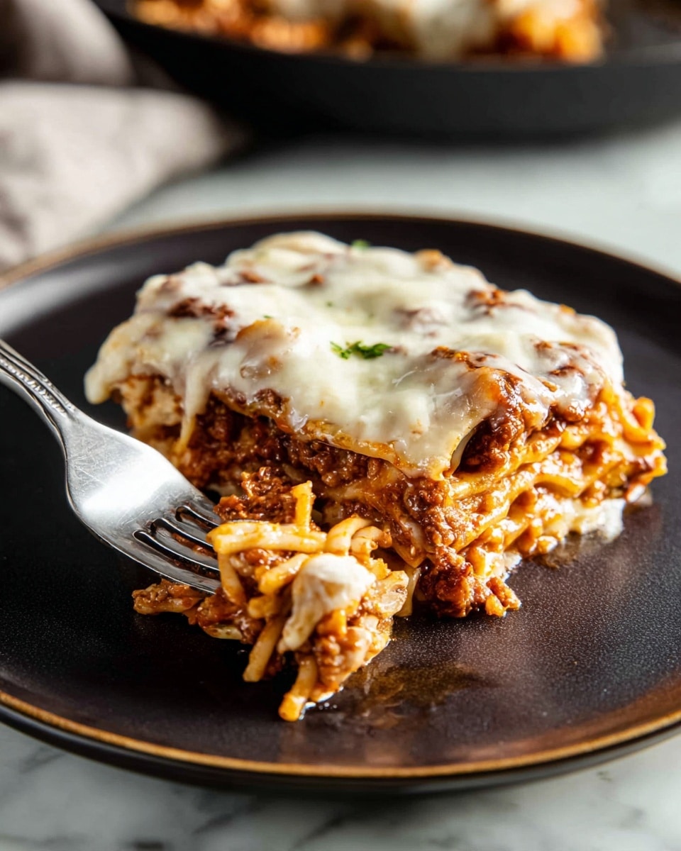 A serving of lasagna is on a white plate with a dark edge, placed on a white marbled surface. The lasagna has three visible layers: the bottom layer is spaghetti mixed with a dark reddish-brown sauce, the middle layer is chunky meat in a rich reddish color, and the top layer is melted white cheese that looks creamy and smooth. A fork holds a bite of the lasagna in the foreground, showing the layers and the soft texture of the cheese stretching slightly. photo taken with an iphone --ar 4:5 --v 7