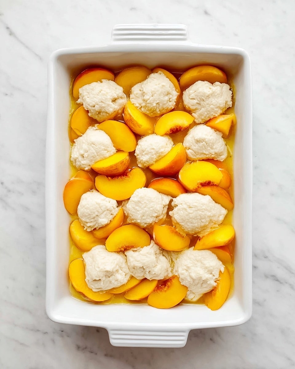 The image shows a white rectangular ceramic dish filled with two main layers. The bottom layer is made up of bright orange-yellow peach slices arranged closely together, covering the entire base of the dish. On top of this fruit layer, there are roughly twelve dollops of light beige batter placed evenly across the peaches. Scattered among and partially resting on the batter dollops are more peach slices, adding color contrast with their shiny, curved shapes. The dish sits on a white marbled surface, enhancing the colors of the fruit and batter. photo taken with an iphone --ar 4:5 --v 7