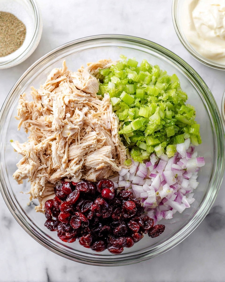 A clear glass bowl placed on a white marbled surface contains four distinct layers of ingredients in separate sections: light brown shredded chicken occupies the left side showing a fibrous texture, bright green finely chopped celery sits on the top right, small pieces of pale purple-red chopped onion fill the bottom right area, and dark red dried cranberries cluster at the bottom left. Nearby, a small clear glass bowl with creamy white mayonnaise and a white bowl with seasoning powder are partially visible by the edges. photo taken with an iphone --ar 4:5 --v 7