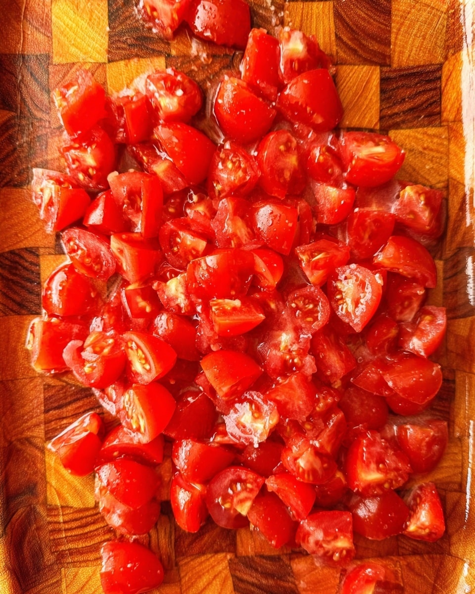The image shows many small pieces of red tomatoes with juicy texture, placed closely together on a wooden cutting board with a checkered pattern of brown shades. The tomatoes have a fresh, shiny look with bits of seeds and juice visible between the pieces. The background is a white marbled texture. photo taken with an iphone --ar 4:5 --v 7