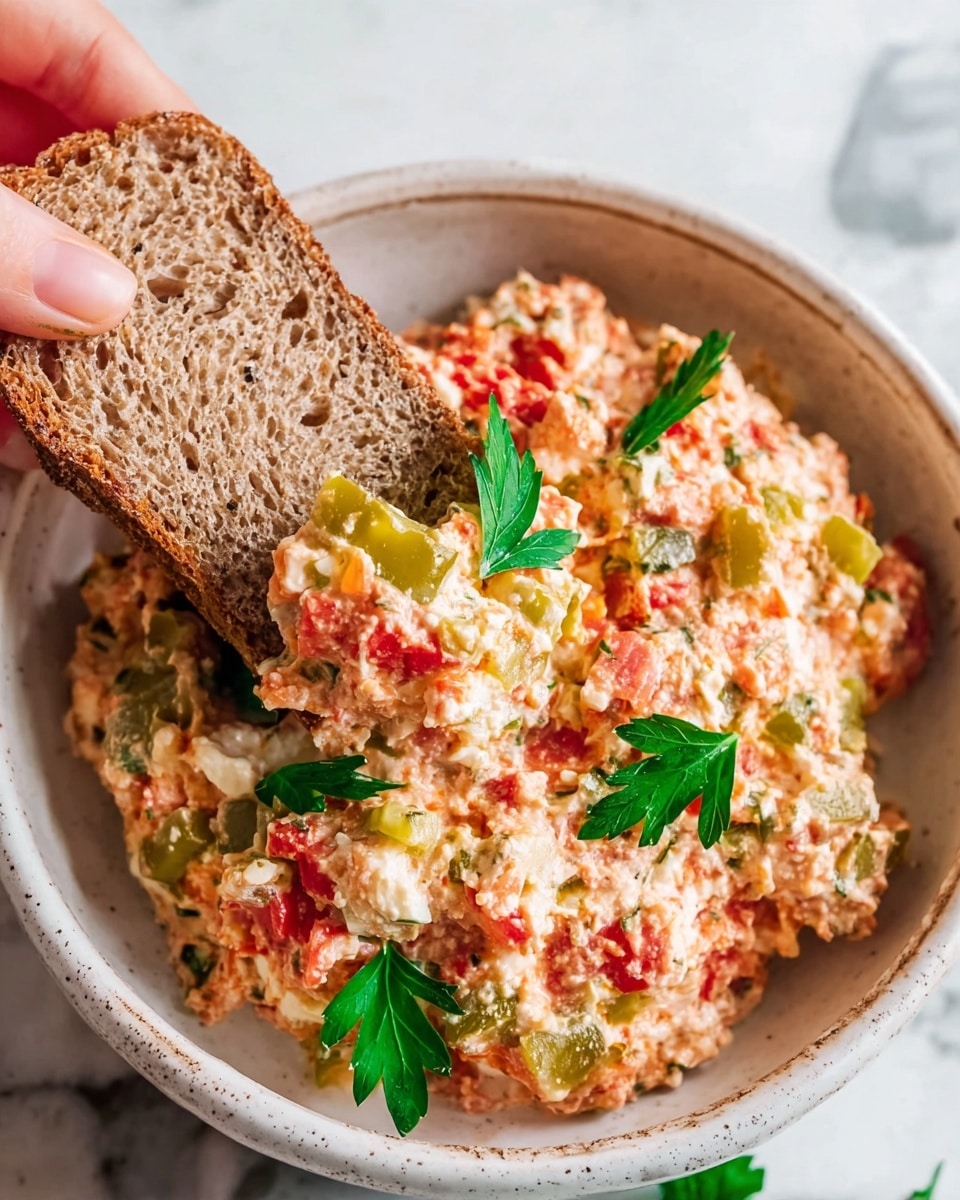 A close-up of a bowl filled with a chunky dip made of three visible layers: the base layer with soft white cheese mixed with small pieces of bright red tomatoes and light green pickles, the middle layer with red tomato bits and green pickle chunks spread evenly, and the top layer garnished with fresh green parsley leaves. The dip is held by a woman's hand scooping a generous amount on a piece of light brown seeded bread with a coarse texture, with visible seeds and holes. The bowl is white with a speckled texture, set on a white marbled surface. Photo taken with an iphone --ar 4:5 --v 7