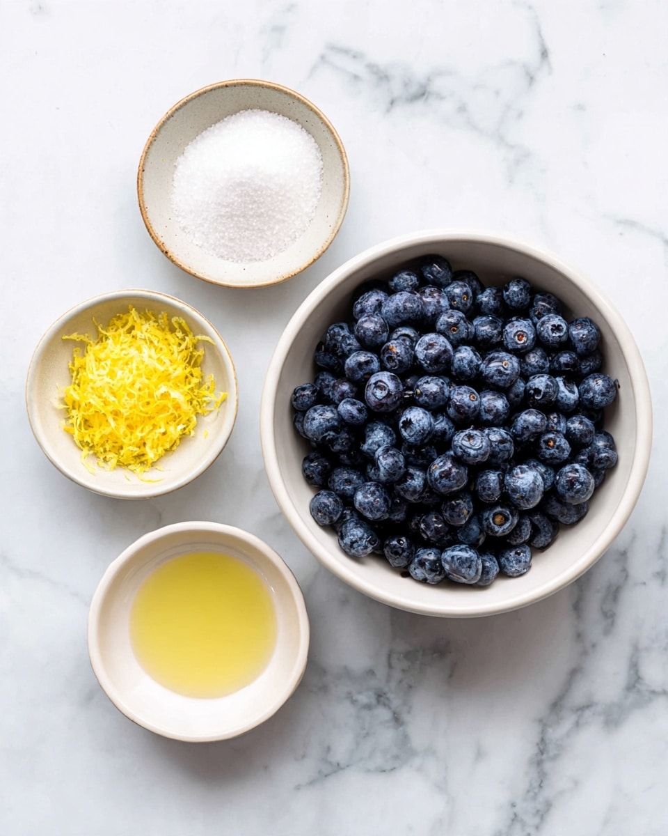 The image shows four white bowls with food ingredients arranged on a white marbled surface. The biggest bowl on the right is filled with many fresh blueberries, dark blue and round, tightly packed. Above the blueberries, on the left side, is a small bowl filled with white granulated sugar. Below the sugar bowl is another small bowl containing bright yellow lemon zest, finely grated and fluffy. Next to the lemon zest bowl, at the bottom left, is a small bowl with a light yellow liquid, likely lemon juice or oil, smooth and clear. photo taken with an iphone --ar 4:5 --v 7