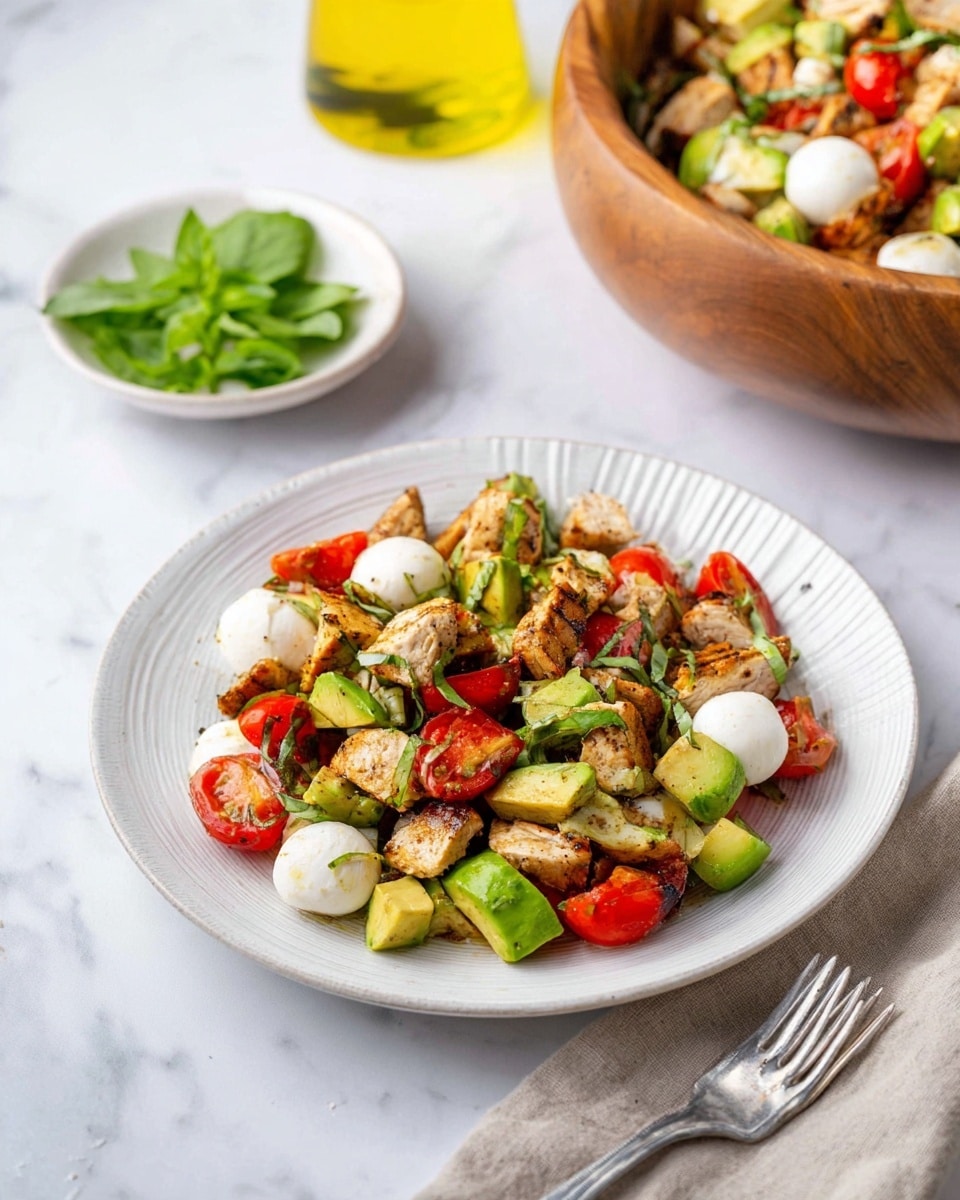A white ribbed plate on a white marbled surface holds a chicken salad made of three main layers: the first layer is small white mozzarella balls scattered around, the second layer is halved bright red cherry tomatoes and chunks of green avocado, and the top layer has bite-sized grilled chicken pieces with browned textures mixed with chopped green basil leaves. Behind the plate is a wooden bowl filled with more salad showing the same layers and colors. To the upper left, a small white dish with fresh green basil leaves sits next to a glass bottle with yellow olive oil. A silver fork and a light linen napkin lie near the bottom right of the plate. photo taken with an iphone --ar 4:5 --v 7