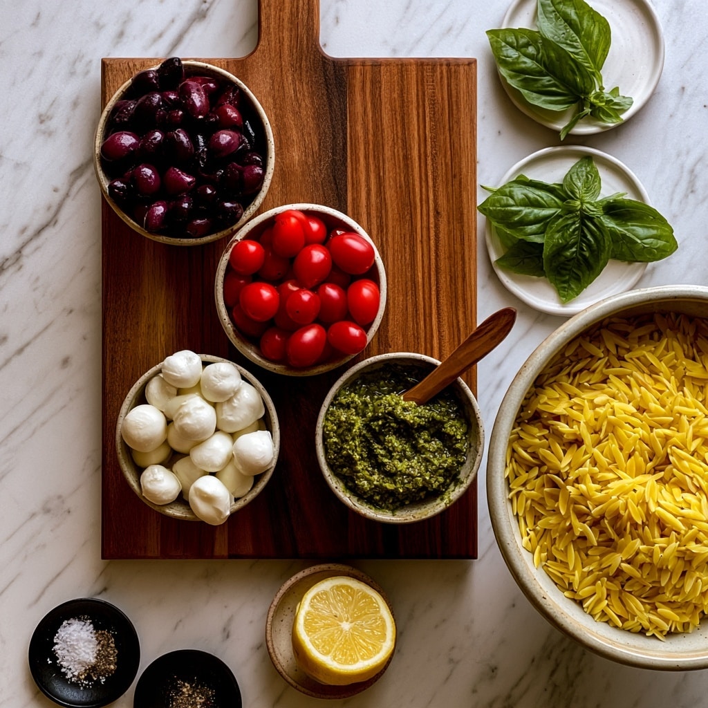 A top-down view of several small bowls and a small plate arranged on a white marbled surface with a wooden cutting board. The bowls contain different ingredients: one bowl is filled with dark purple and black olives, placed on the upper left side of the cutting board; a bowl of red grape tomatoes sits just below the olives in the center of the cutting board; another bowl holds white mozzarella balls below the tomatoes on the left side of the board; to the right of the olives and tomatoes is a small bowl of green pesto with a wooden spoon resting inside it. Outside the cutting board, on the right, there is a larger bowl filled with yellow orzo pasta and above it a small white plate with fresh green basil leaves. Below the cutting board, there is a small bowl with a lemon half and to the bottom left, two small black plates hold salt, pepper, and seasoning. Photo taken with an iphone --ar 4:5 --v 7