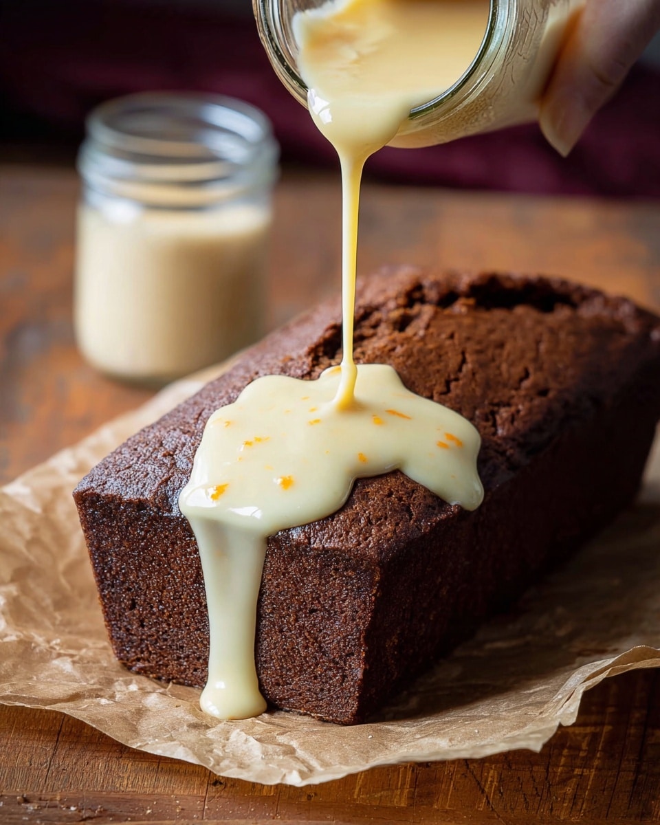 A dark brown loaf cake with a cracked top rests on parchment paper over a wooden surface. A woman's hand is pouring thick, smooth pale yellow glaze with small orange flecks from a clear glass jar onto the center of the cake, where the glaze begins to pool and drip slowly over the side. A small glass jar with a metal lid sits blurred in the background. Photo taken with an iphone --ar 4:5 --v 7