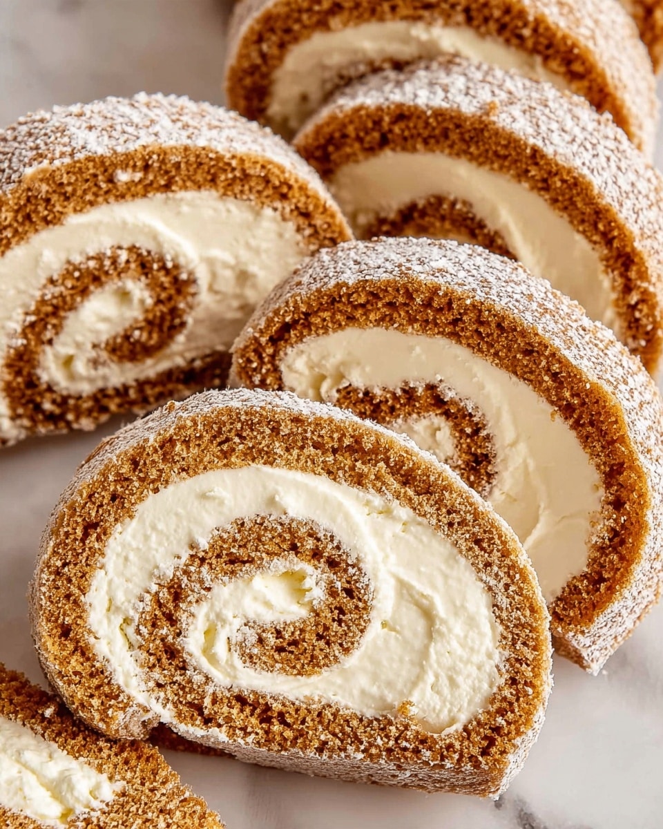 Several slices of brown cake roll with a light cream filling are placed on a white marbled surface. Each slice shows two layers: the outer layer is a soft, textured brown sponge cake, and the inner layer is creamy and light beige. The rolls are dusted with white powdered sugar on top, adding a fine snowy contrast to the brown cake. The rolls are arranged slightly overlapping, showing the spiral pattern of cake and cream clearly. Photo taken with an iphone --ar 4:5 --v 7