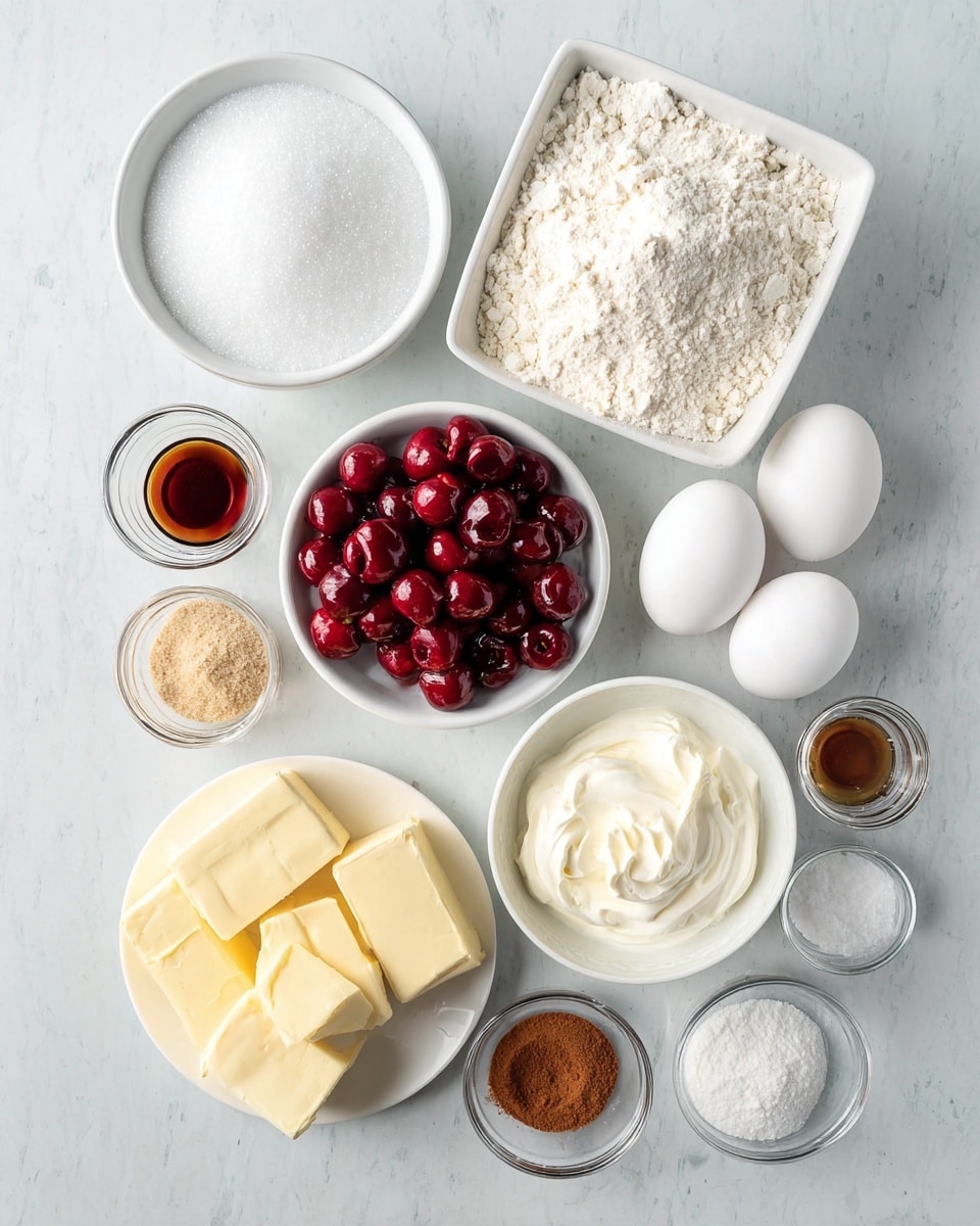 Several small bowls and plates hold different baking ingredients arranged neatly on a white marbled surface. Starting from the top, a white bowl filled with white granulated sugar sits near the center left. Below it, a white square bowl filled with white flour with a slightly rough texture. Next to the flour, a white bowl filled with fresh, dark red cherries, some showing small pits. Below the cherries, a white bowl full of smooth white sour cream with soft peaks. Near the sour cream, three whole white eggs rest directly on the surface. To the left of the eggs, a white plate carries several sticks of soft yellow butter, some cut into cubes. Scattered around are small clear glass bowls holding light brown brown sugar, dark vanilla extract, cinnamon powder, and white baking ingredients like baking soda and salt. The overall look is clean, bright, and orderly. photo taken with an iphone --ar 4:5 --v 7