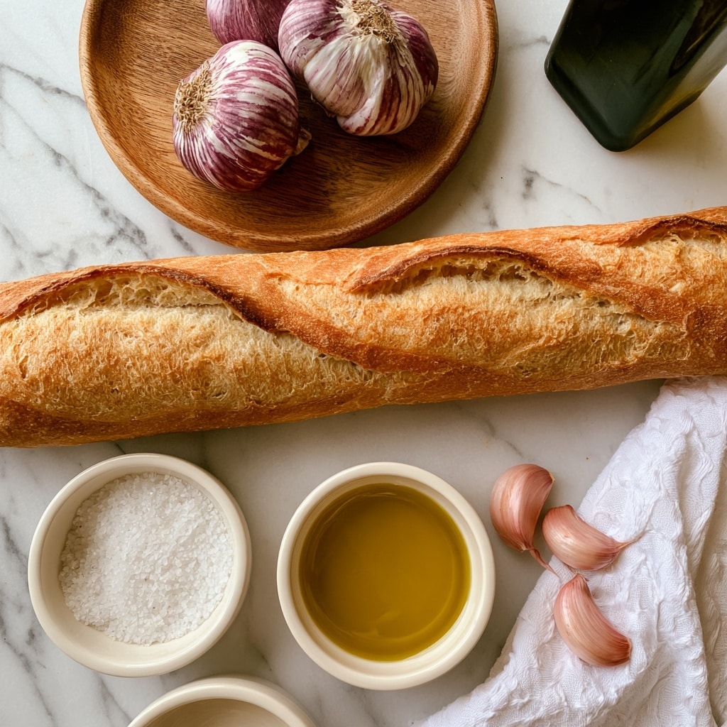 A long half baguette with a golden brown crust lies horizontally on a white marbled surface. Above it is a round wooden plate holding two garlic bulbs with purple and white skin. Below the baguette, there are three small round white bowls; one containing coarse salt with a grainy texture, one filled with shiny olive oil showing a rich yellow color, and the last one partially visible. To the right of the bowls, three garlic cloves with pale pink skin rest on the surface next to a white cloth with a subtle pattern. Part of a dark green olive oil bottle is seen in the upper right corner. Photo taken with an iphone --ar 4:5 --v 7