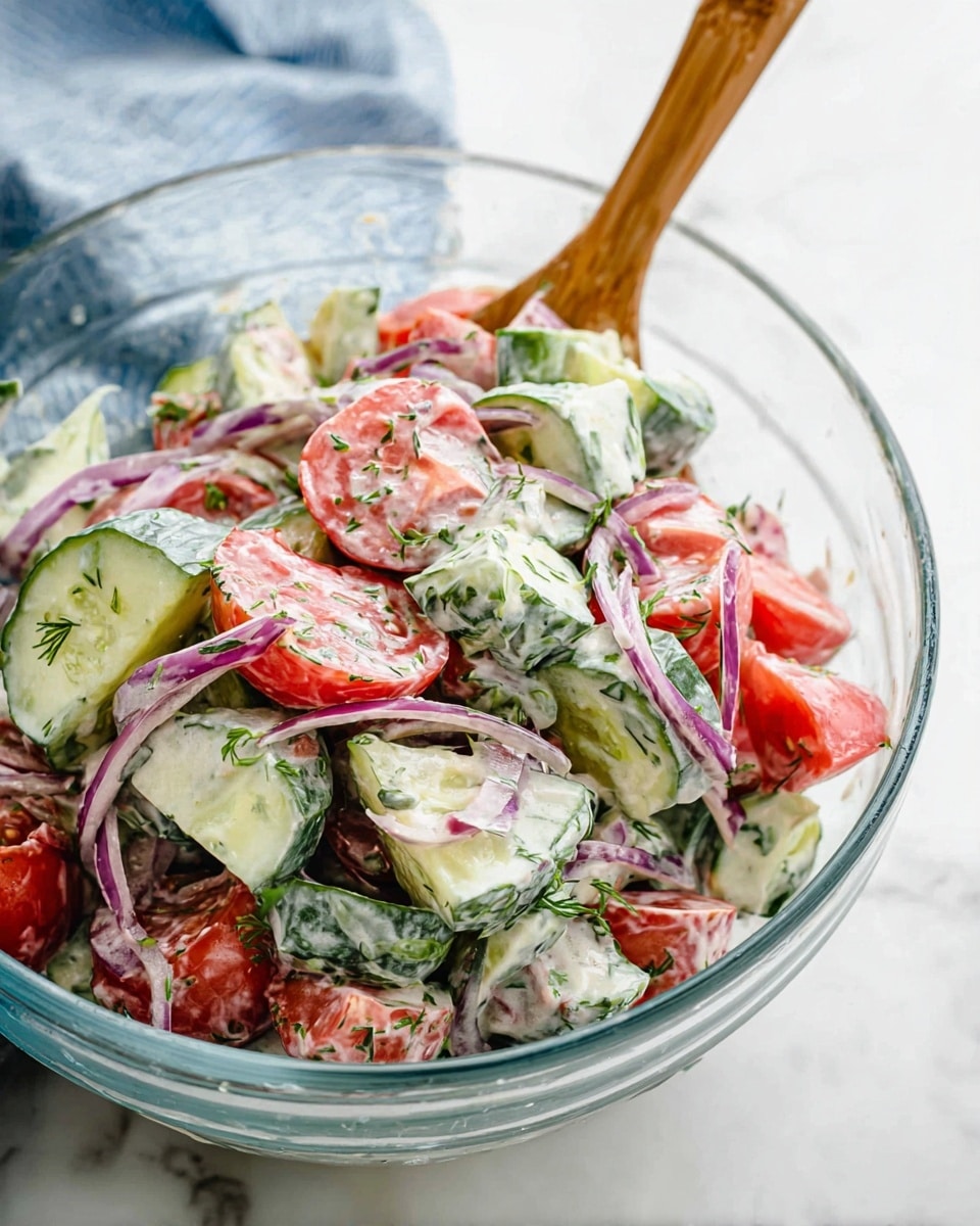 A white bowl with a red rim holds a fresh salad made of layers of red tomato chunks, bright green cucumber slices, thin light purple onion rings, and chopped green herbs, all mixed with a creamy white dressing that coats the ingredients unevenly. A woman's hand on the left side uses a black fork to lift a mix of the salad, while another woman's hand on the right side holds the bowl steady. The bowl is placed on a white marbled surface that adds a clean, bright contrast to the colorful salad photo taken with an iphone --ar 4:5 --v 7