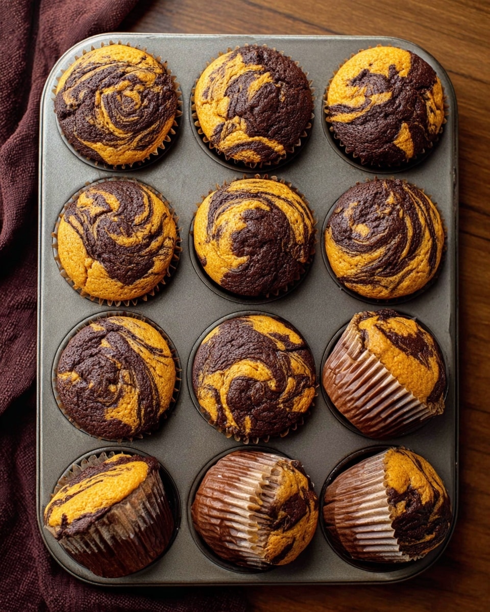 The image shows several pumpkin and chocolate swirl muffins placed on a dark wooden surface. Each muffin has two visible layers with a marbled mix of dark chocolate brown and bright pumpkin orange colors blending together on the top and sides. One muffin is broken open, revealing a soft, moist pumpkin orange inside mixed with dark chocolate spots. The muffin liners are light brown and ridged, fitting snugly around each muffin. The muffins vary slightly in size and position, some standing upright and others lying on their sides to show the texture. Photo taken with an iphone --ar 4:5 --v 7