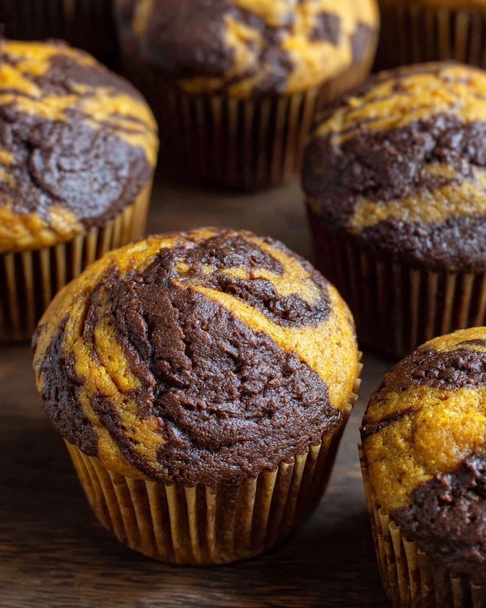 The image shows several muffins with a marbled mix of dark brown chocolate and orange pumpkin batter swirled together, creating a textured top with cracks and patterns of both colors. The muffins have ridged paper liners around their sides, also in a light brown shade, and they rest on a dark wooden surface. The close view highlights the soft and dense texture of the muffin tops with the contrasting dark and bright swirls scattered unevenly across each muffin, giving a rich and warm look. photo taken with an iphone --ar 4:5 --v 7