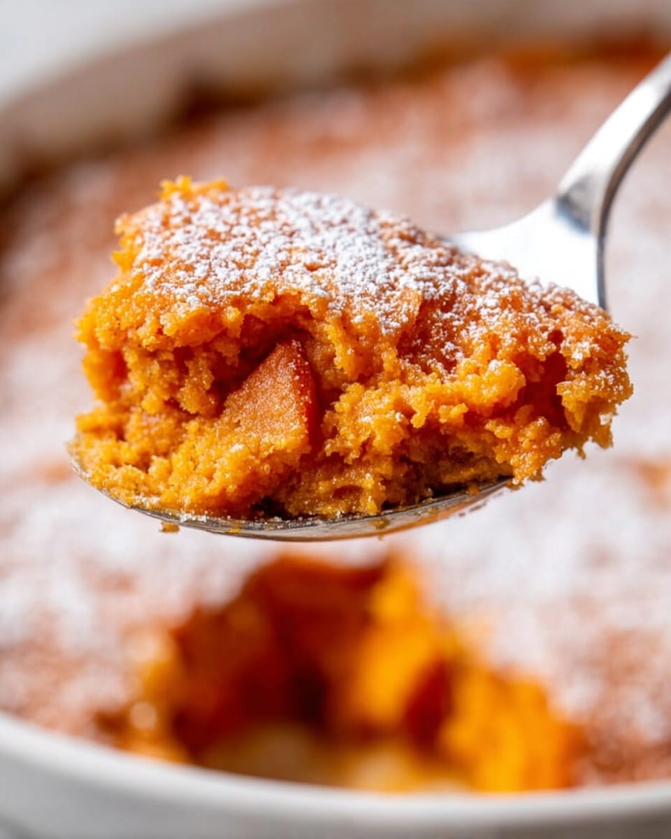 A spoon lifts a scoop of a soft, dense orange dessert with a slightly crusty top layer dusted with powdered sugar. The dessert's texture is moist and somewhat chunky, showing small shreds or bits inside. It sits in a white dish, revealing a smooth, even top layer and thicker orange base. The background is a white marbled surface. photo taken with an iphone --ar 4:5 --v 7