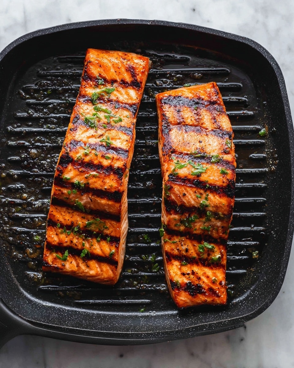 Two grilled salmon fillets with orange and pink colors and dark brown grill marks lie side by side on a black grill pan. The salmon is sprinkled with small bits of green herbs. The grill pan shows some oil and slight charring. The pan is set on a white marbled surface. photo taken with an iphone --ar 4:5 --v 7