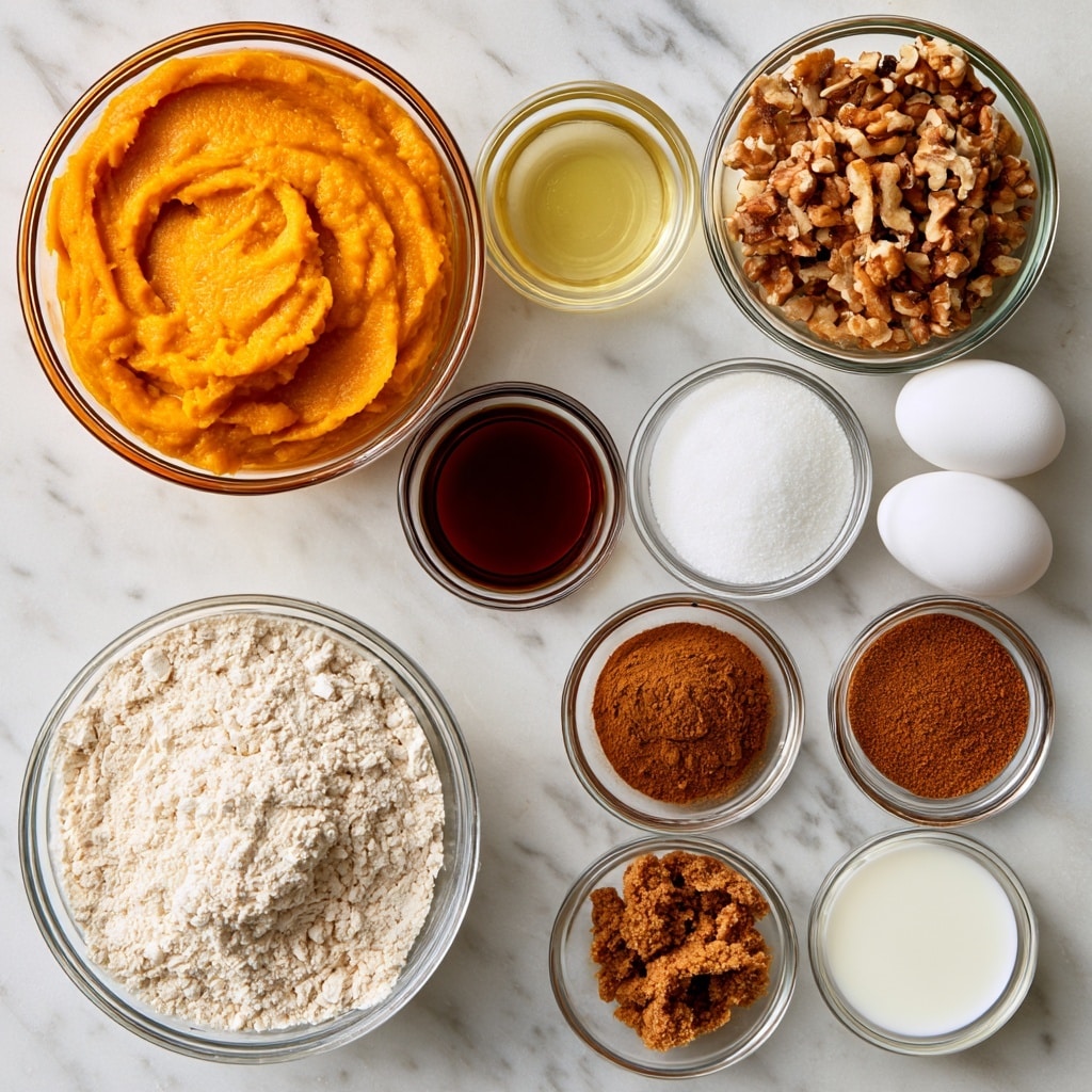 The image shows a flat lay arrangement of clear glass bowls and loose ingredients on a white marbled surface, organized in a neat grid pattern. At the top left is a large bowl of smooth, bright orange pumpkin puree with a soft texture. Next to it on the right is a large bowl filled with fine white flour. Below the puree is a medium-sized bowl of chopped walnuts, showing a rough, chunky texture in light brown shades. In the middle row, a small bowl holds a clear light yellow oil, and to the right is a small bowl of white granulated sugar with a powdery texture. Further right are two white eggs with a smooth surface lying next to each other. On the lower left, a small bowl contains dark brown vanilla extract with a glossy surface. Below it, another small bowl displays ground cinnamon in a warm brown color, finely textured. Below cinnamon, there is a small bowl of pumpkin pie spice in a light brown shade, finely ground. Near the center bottom is a bowl filled with soft, grainy brown sugar in a crumbled form. On the bottom right, a small bowl of white milk with a smooth liquid surface completes the layout. The bowls and ingredients create a balanced and colorful composition, all set on a clean white marbled background. photo taken with an iphone --ar 4:5 --v 7