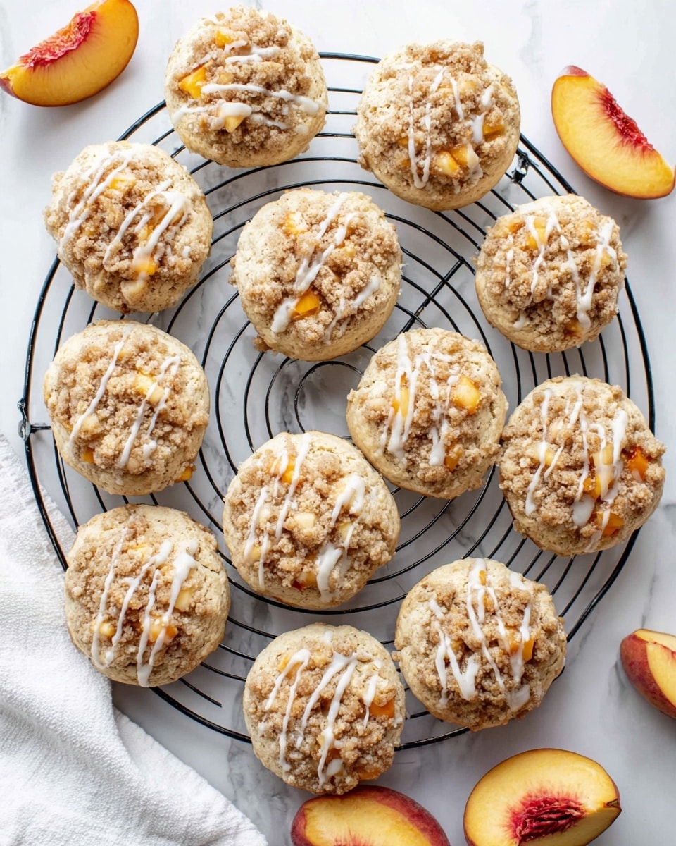 The image shows a close-up of round muffins placed on a black wire cooling rack over a white marbled surface. Each muffin has a light golden-yellow base layer with visible soft texture. On top, there is a crumbly brown layer made of small chunks resembling streusel, which adds a rough texture and contrasts with the smooth muffin base. Drizzled over the crumb topping is a thin white glaze, adding a shiny and slightly translucent layer that follows the shape of the muffin's surface. In the background, a small orange-yellow peach slice adds a splash of vibrant color. photo taken with an iphone --ar 4:5 --v 7
