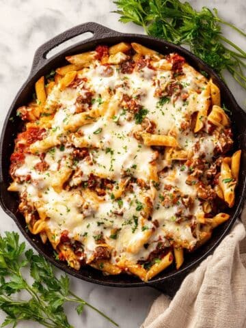 Baked Penne with Ground Beef, Ricotta, and Mozzarella Recipe