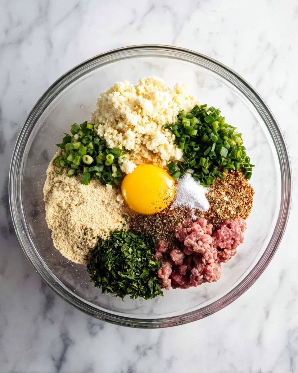 A clear glass bowl on a white marbled texture surface holds a mixture of ingredients arranged in separate sections. Starting clockwise from the top, there is a pale crumbly layer of cheese, a raw yellow egg yolk resting on some ground meat, finely chopped green onions, minced garlic, light beige breadcrumbs, chopped fresh green herbs, and raw ground meat with various spices on top including black pepper and brown seasoning, along with a small mound of salt near the cheese. All ingredients show different textures and colors clearly separated inside the bowl. photo taken with an iphone --ar 4:5 --v 7