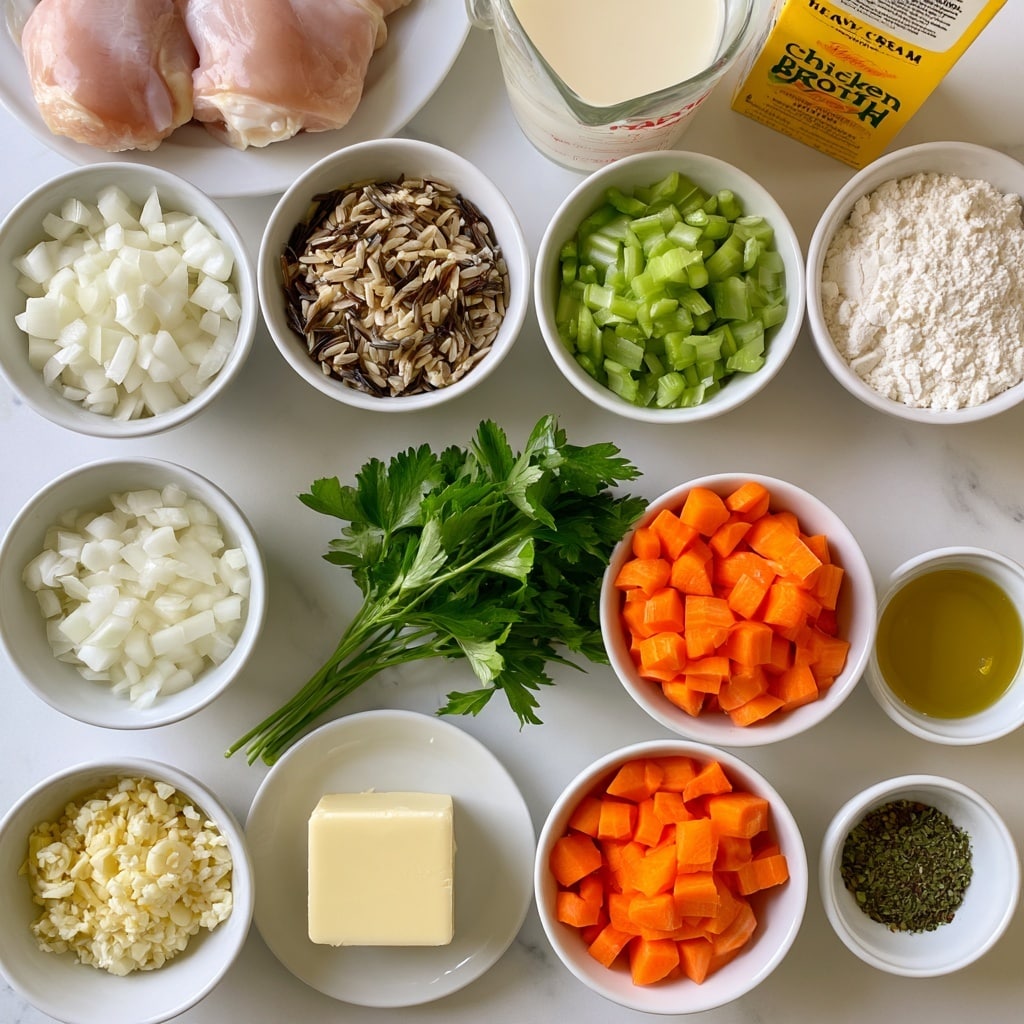 The image shows an organized layout of cooking ingredients on a white marbled surface. In the top left, two raw chicken pieces sit on a white plate, pale pink and smooth in texture. Next to it, a clear measuring cup filled with white heavy cream, labeled in bold black letters, is placed. To the right, a yellow carton of chicken broth rests partly visible. Below these, there is a white bowl filled with small, diced white onion pieces, and another white bowl with dry wild rice, showing various shades of brown and beige grains. Below the chicken plate, there's a white bowl with small, chopped light green celery pieces. Centered is a white bowl holding a small mound of white flour. Below the bowls, a bunch of fresh green parsley leaves lays on the marble surface. To the right of the parsley, another white bowl contains minced garlic, small pale yellow pieces. Next to it, a white saucer has a block of light yellow butter. Lower down, a white bowl is filled with bright orange diced carrots. To the right, a white bowl with golden olive oil, and next to it, a small white bowl with Italian seasoning showing a blend of green and dark spices. The whole scene is bright, clear, and neatly arranged for easy viewing, photo taken with an iphone --ar 4:5 --v 7