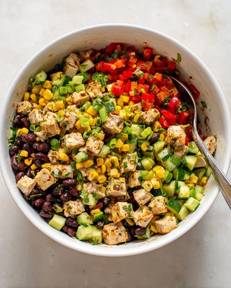 A white bowl filled with a colorful mixed salad that has several layers of small diced ingredients. The bottom mix shows dark black beans, bright yellow corn, and chopped green cucumber with a smooth texture. Above these are cubes of lightly browned chicken pieces with a slightly rough surface. Red bell pepper chunks add a splash of red color, and there are thinly sliced green onions and fresh green herbs sprinkled throughout. A metal spoon is partially visible inside the bowl, resting against the side. The bowl sits on a white marbled surface. photo taken with an iphone --ar 4:5 --v 7