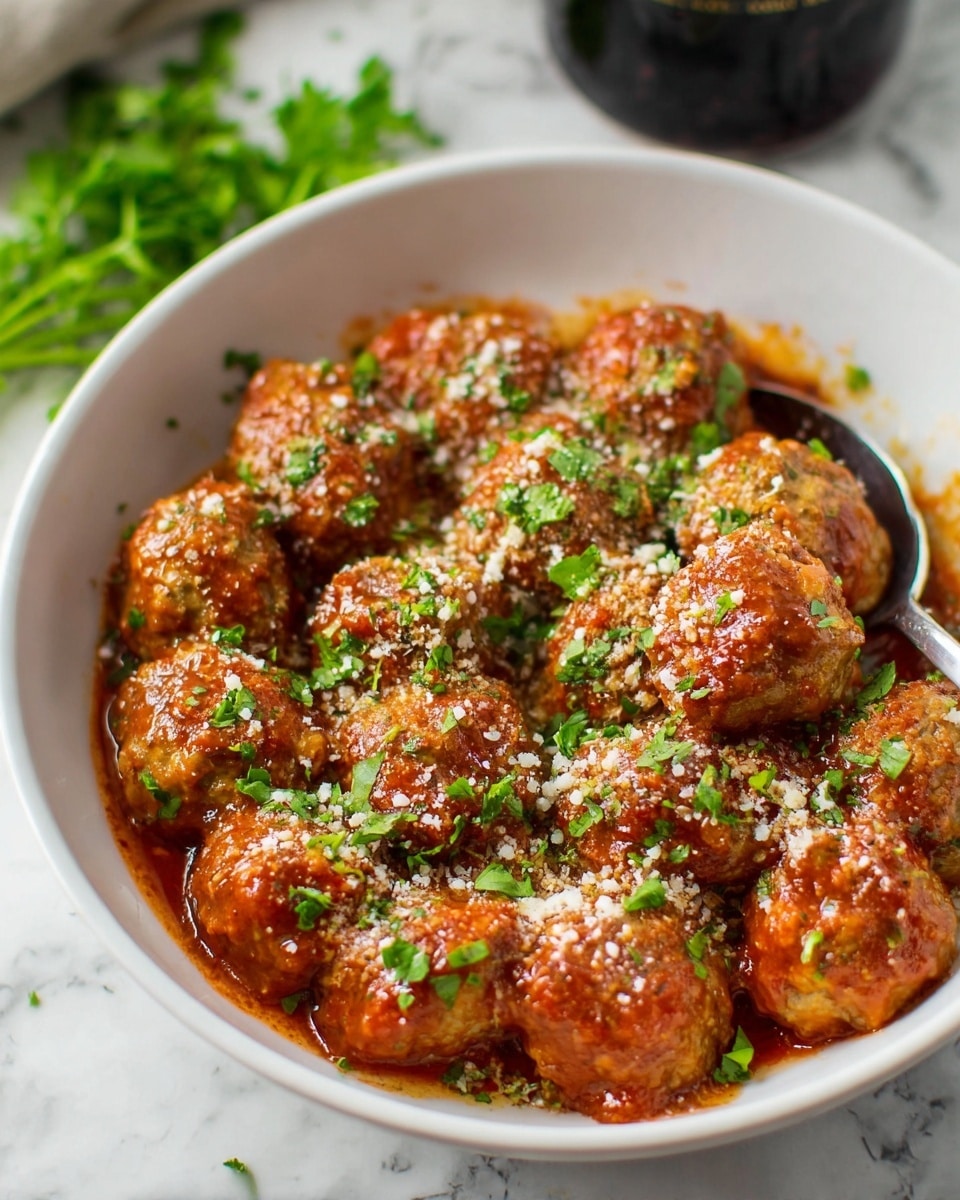 This image shows a white bowl filled with about fifteen round meatballs covered in red tomato sauce. The meatballs are evenly spread and look soft with a slightly rough texture on the outside. They are topped with small white grated cheese pieces sprinkled all over and bright green chopped parsley scattered on top, adding color contrast. A metal spoon is partially visible on the right side, dipped into the bowl. The bowl sits on a white marbled surface, with blurred green herbs and a dark round object in the background. photo taken with an iphone --ar 4:5 --v 7