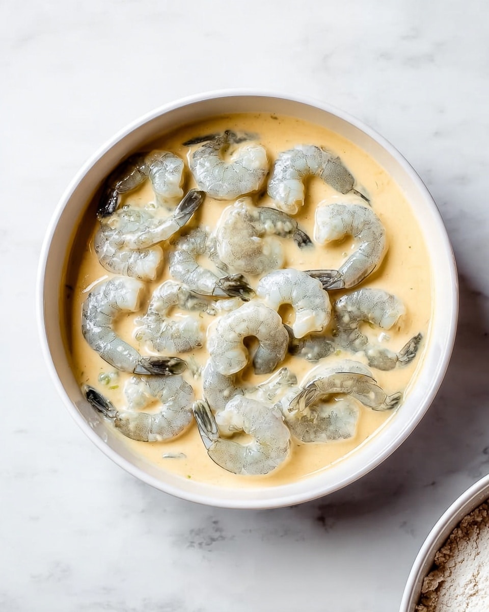 A bowl filled with raw shrimp soaked in a light creamy yellow batter, the shrimp are light grayish-blue and arranged evenly throughout the batter, showing their curved shape and slight translucence. The bowl is white and sits on a white marbled surface, creating a clean and bright setting. Part of another white bowl with light flour can be seen at the corner of the image. Photo taken with an iphone --ar 4:5 --v 7