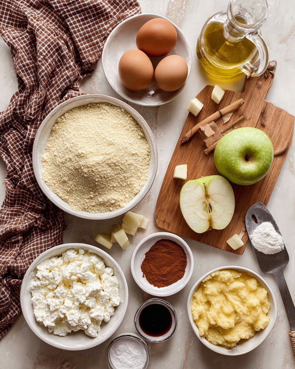 The image shows a top view of several ingredients arranged neatly on a white marbled surface. At the center, there is a white bowl filled with fine pale yellow almond flour. To the top left, a white bowl holds two brown eggs, while below it a smaller white bowl contains a heap of brown cinnamon powder. Next to the almond flour, a small glass bottle is filled with light yellow olive oil. On a wooden cutting board to the right, there is a green apple cut in half, showing seeds in the core, along with small apple cubes next to a knife with a white handle. In the lower left, a white bowl is full of white cottage cheese, and in the bottom right, another white bowl holds a yellow mashed mixture with a metal fork. Surrounding the cutting board are small white bowls with dark liquid (likely vanilla or syrup) and a small bowl with white powder (possibly baking powder). A brown and white checkered cloth is placed on the left side of the frame. Photo taken with an iphone --ar 4:5 --v 7
