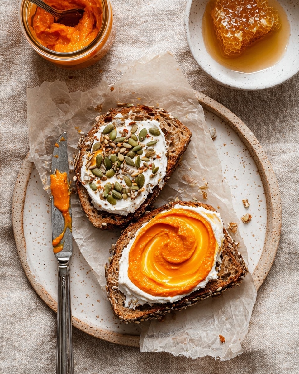 Two slices of seeded brown bread lie layered on a piece of crinkled parchment on a white marbled surface, one slice topped with a smooth white spread as the first layer, then a bright orange paste spread in a spiral on top, sprinkled with a mix of brown and green seeds; a small glass jar with the same orange paste and a vintage silver knife with a smear of the paste rests to the left. In the top right corner, a small white bowl holds a piece of honeycomb submerged in honey, all set on a beige linen cloth. Photo taken with an iphone --ar 4:5 --v 7