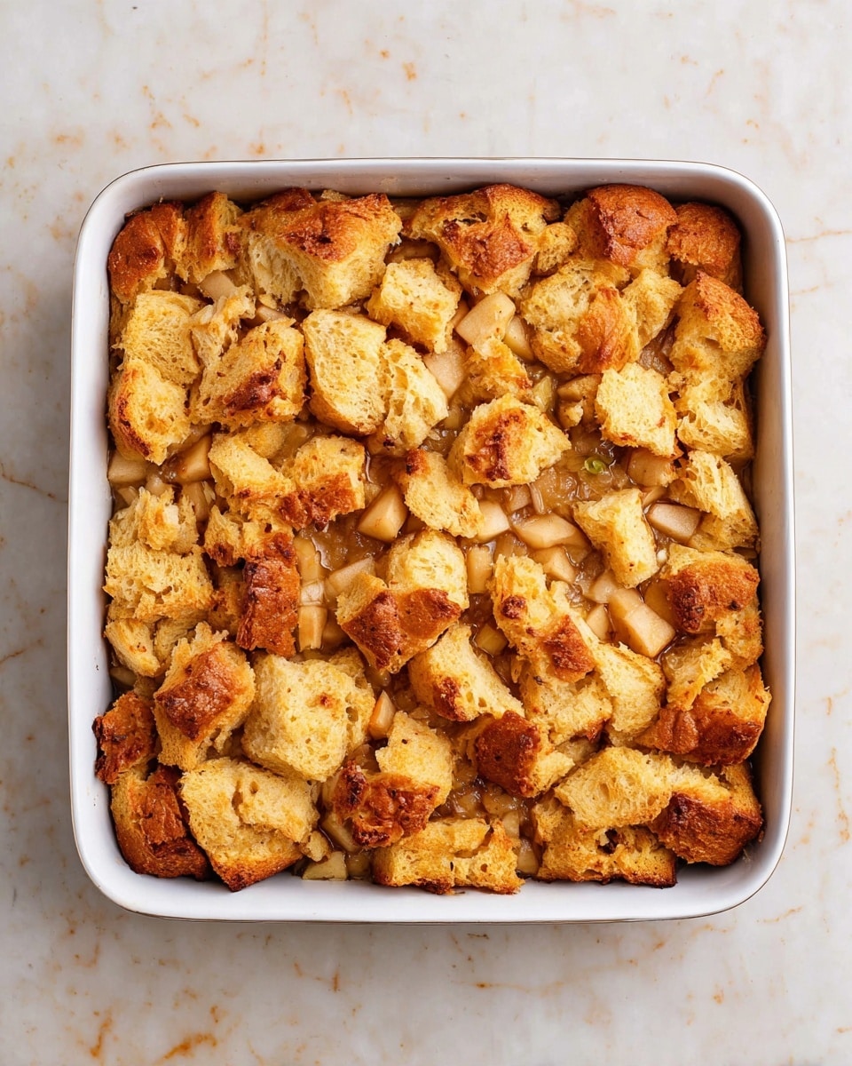A square white baking dish filled with a layer of golden-brown baked bread pieces that are puffy and uneven in size, mixed with diced apples that have a warm reddish-brown tone, scattered evenly among the bread. The texture shows a slightly crispy top surface with soft, spongy inner parts and the apple pieces add a juicy and tender look with some slight caramelization. The dish is sitting on a white marbled surface that has light brown specks and a smooth finish photo taken with an iphone --ar 4:5 --v 7