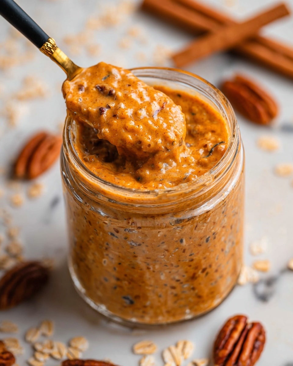A close-up view of a small clear glass jar filled with a thick, orange-brown mixture with visible small dark seeds and oat flakes mixed in, with a black and gold spoon inside the jar slightly lifting the mixture. Around the jar, on a white marbled surface, there are whole pecans, cinnamon sticks, and scattered oat flakes. The jar’s texture looks creamy with some chunkiness from the oats and seeds photo taken with an iphone --ar 4:5 --v 7