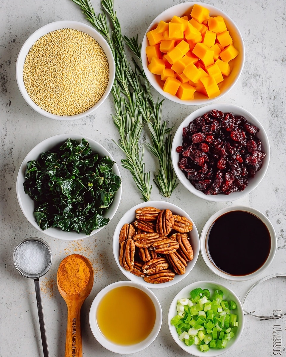 The image shows eight small white bowls and a wooden spoon arranged on a white marbled surface. Starting from the top left, there is a bowl filled with small pale yellow grains, next to it is a bowl full of bright orange cubes, and behind these bowls, two green rosemary sprigs lie diagonally. Below the grains, a bowl holds dark green wrinkled leafy vegetables. To the right of this, a bowl is filled with dark red dried fruit pieces. In the middle bottom, a bowl has brown pecan nuts, and next to it on the right, a bowl contains a dark brown liquid, likely soy sauce. At the lower left, there is a bowl with a light golden brown liquid, and to its right, a bowl holds chopped green onions. A wooden spoon with a small heap of white salt rests near the leafy greens. There is also a small measuring spoon with a light orange powder near the green onions. The whole setup is neat and colorful with a clear view of each ingredient. photo taken with an iphone --ar 4:5 --v 7
