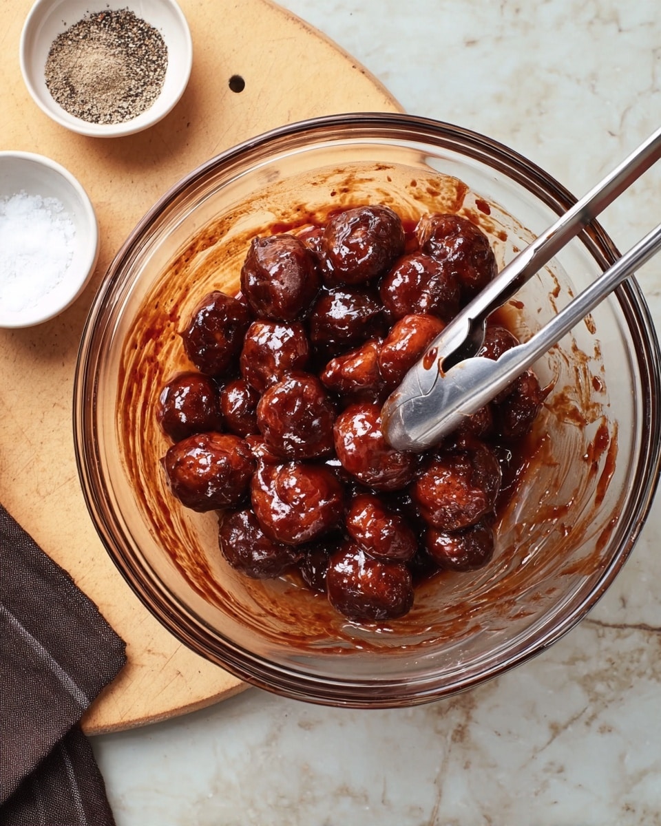 A clear glass bowl sits on a white marbled surface, filled with small, round pieces coated in a shiny, dark reddish-brown sauce. The sauce clings thickly to the pieces and leaves smears on the inside edge of the bowl. A pair of metal tongs with light handles rests inside the bowl, partially lifting some of the coated pieces. To the side, small white bowls hold coarse black pepper and white salt, both placed on a wooden board with a dark cloth nearby. photo taken with an iphone --ar 4:5 --v 7