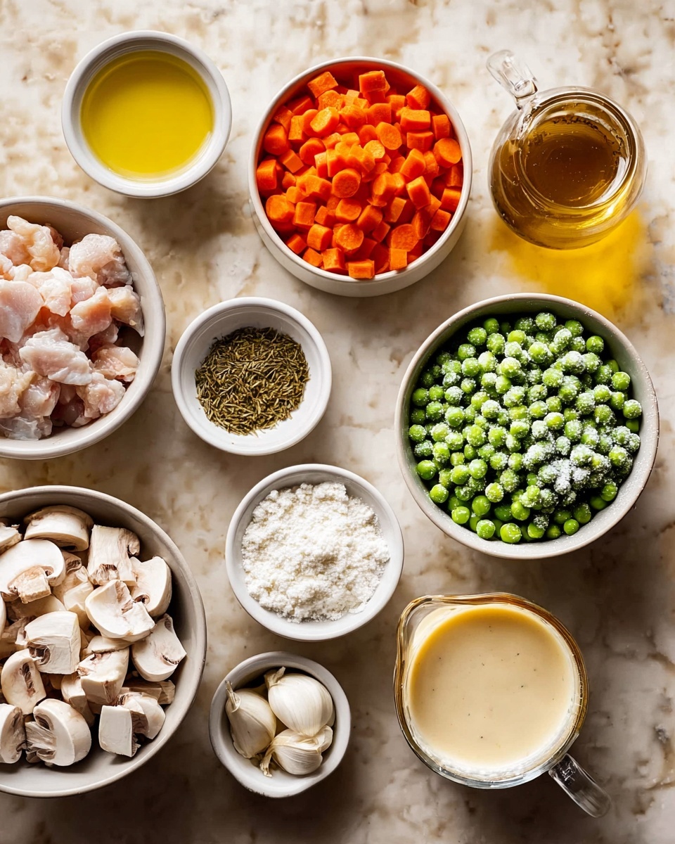 A top view of various cooking ingredients arranged on a white marbled surface, including one bowl filled with small green peas covered with frost on the right, next to a bowl with sliced white mushrooms below it; to the left, a bowl of chopped chicken pieces and above it a bowl of diced carrots and white onions. Surrounding these are small white bowls containing yellow melted butter, white flour, two different dried herbs, minced garlic, and a small jar holding golden honey. A glass measuring cup filled with a creamy liquid is also present on the right side. The colors are natural and fresh, with the ingredients clearly visible against the white marbled background photo taken with an iphone --ar 4:5 --v 7