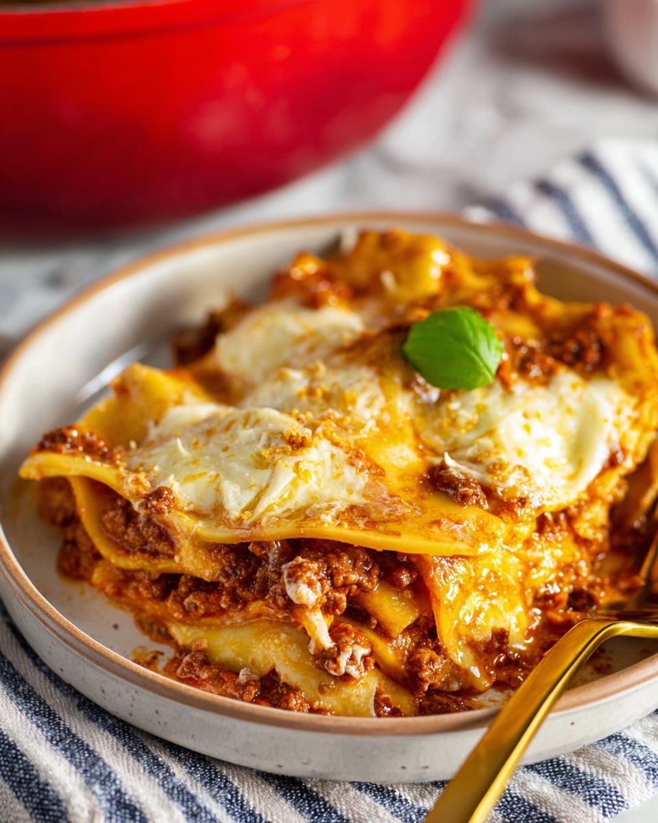 A close-up view of a white bowl filled with layered lasagna showing three main layers. The bottom layer has a deep red sauce with bits of ground meat and a rich, thick texture. The middle layer has broad, flat pasta sheets in a light yellow color with some sauce soaked in, looking soft and smooth. The top layer is melted cheese with creamy white and light yellow spots, slightly browned in areas, and a single fresh green basil leaf on top. In the background, there is a red pot and a gold-colored fork resting beside the bowl on a white and blue striped cloth, all set on a white marbled surface. photo taken with an iphone --ar 4:5 --v 7