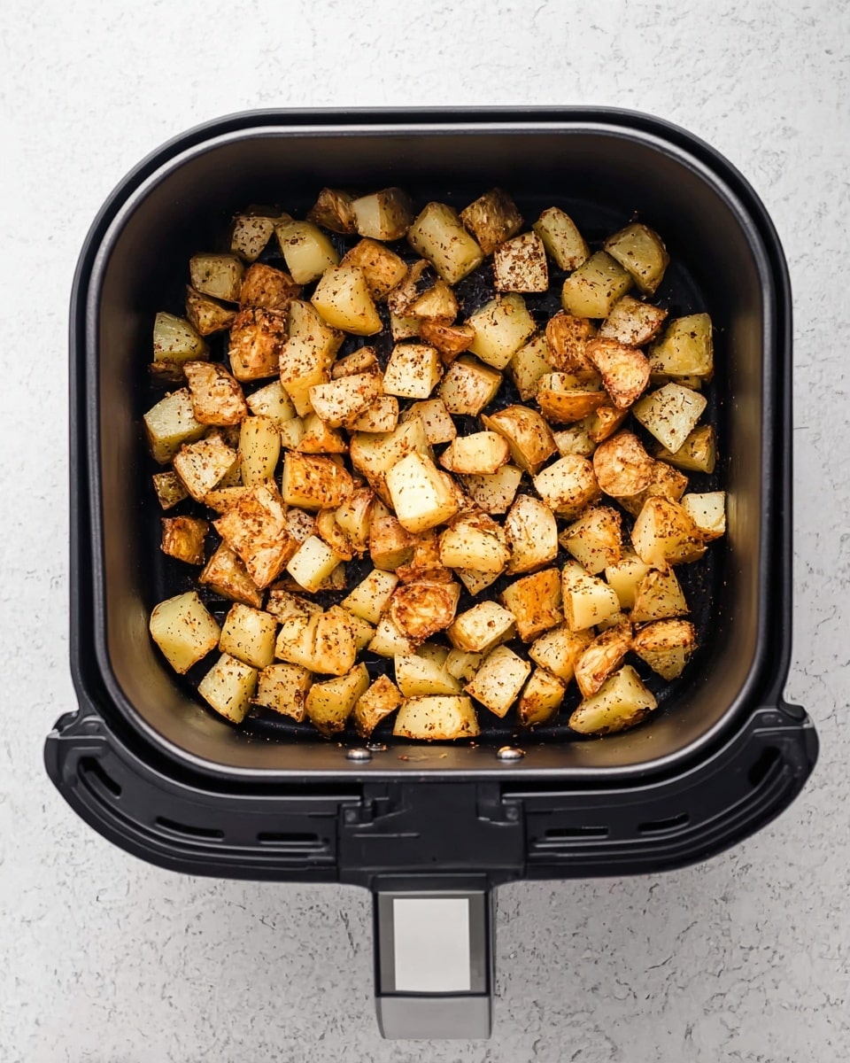 A black air fryer basket filled with many small, uneven pieces of diced light yellow potatoes, sprinkled with brown seasoning all over. The basket is centered in the image and placed on a white marbled surface. The air fryer handle is visible at the bottom in silver and black. The photo is brightly lit from above, showing clear texture of the potato pieces and seasoning. Photo taken with an iphone --ar 4:5 --v 7