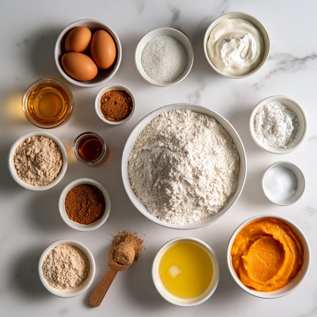 The image shows a variety of ingredients neatly placed on a white marbled surface. In the center is a white bowl filled with white all-purpose flour, surrounded by smaller white bowls and containers holding different items. Near the top left are two whole brown eggs resting in a small white bowl, next to a small white bowl with coarse sugar and a cup of thick Greek yogurt. Scattered around are glass containers with golden maple syrup and vanilla extract. There are small white bowls containing light brown vanilla whey protein powder, ground cinnamon, pumpkin pie spice, baking powder, baking soda, salt, and light brown sugar in a wooden measuring spoon. A white bowl with yellow melted butter and a white bowl with bright orange pumpkin puree complete the arrangement. Each bowl and item is spaced evenly, showing a clean and organized layout. Photo taken with an iphone --ar 4:5 --v 7
