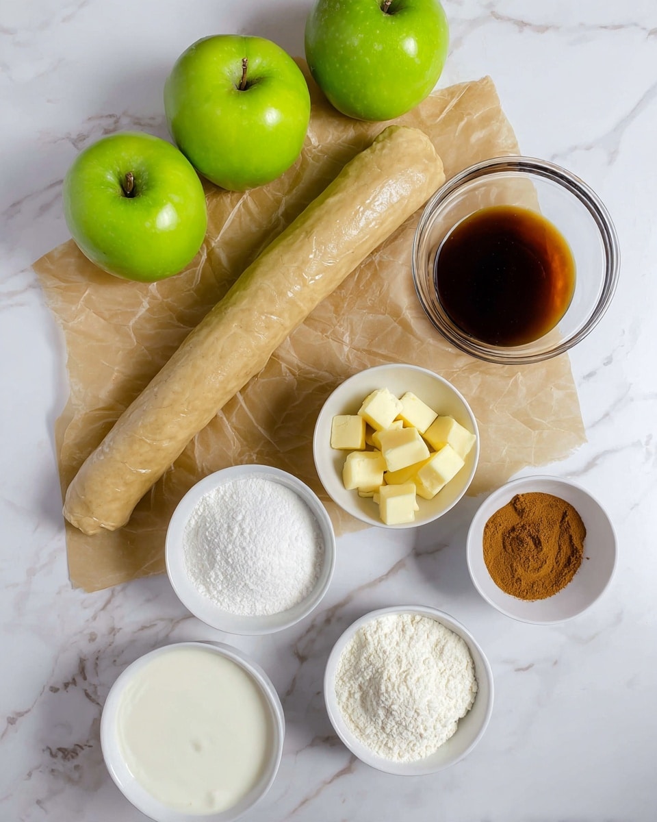 The image shows a set of baking ingredients arranged on a white marbled surface. There are three bright green apples at the top left. Below them on crinkled brown parchment paper is a long roll of dough. To the right of the dough is a clear glass bowl filled with a dark brown liquid. Further to the right, there are small white bowls with white granulated sugar mixed with brown cinnamon, yellow butter cubes, white flour mixed with white sugar and cinnamon, a bowl of cream, and an empty small white bowl at the bottom. The clean and bright setup shows all ingredients clearly, ready for use. photo taken with an iphone --ar 4:5 --v 7