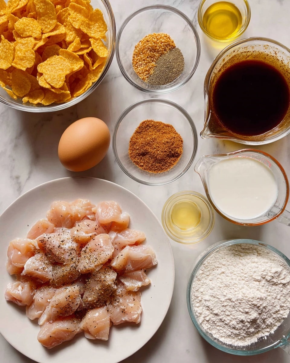 The image shows several ingredients arranged on a white marbled surface, ready for cooking. On the bottom left, there is a white plate filled with small pieces of raw chicken seasoned with black pepper. Above it, there is a single brown egg. To the top left, a clear glass bowl holds golden cornflakes. Near the center, a small clear bowl contains a brown spice mix, and right below it, two very small clear bowls hold light yellow liquids. Near the top right, a white bowl filled with a dark, thick sauce is placed, and below that, a clear measuring cup contains a white creamy liquid. Finally, at the bottom right corner, a clear glass bowl holds white flour. Photo taken with an iphone --ar 4:5 --v 7