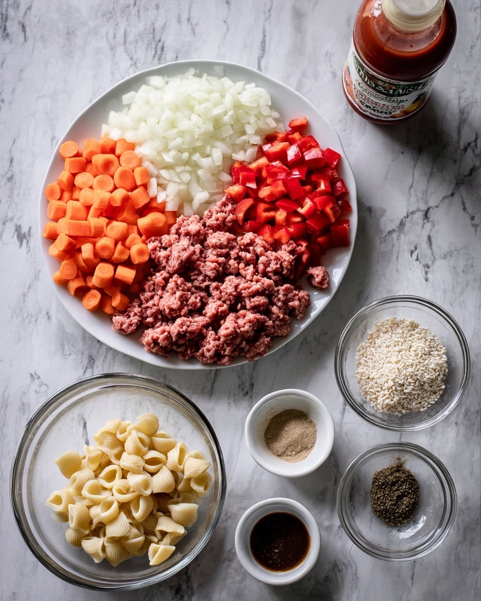 A white plate on a white marbled surface holds three piles of chopped vegetables: orange carrots on the left, white onions in the middle, and red bell peppers on the right. Around the plate are clear glass bowls filled with white rice-like grains and raw ground meat with a red-pink color. A white bowl below contains small, pale beige shell pasta. Small white dishes hold dark brown sauce and light brown ground spices, with a bottle of ground mustard seed spice nearby. On the top right, a can of tomato sauce leans on the surface. The photo is taken with an iphone --ar 4:5 --v 7