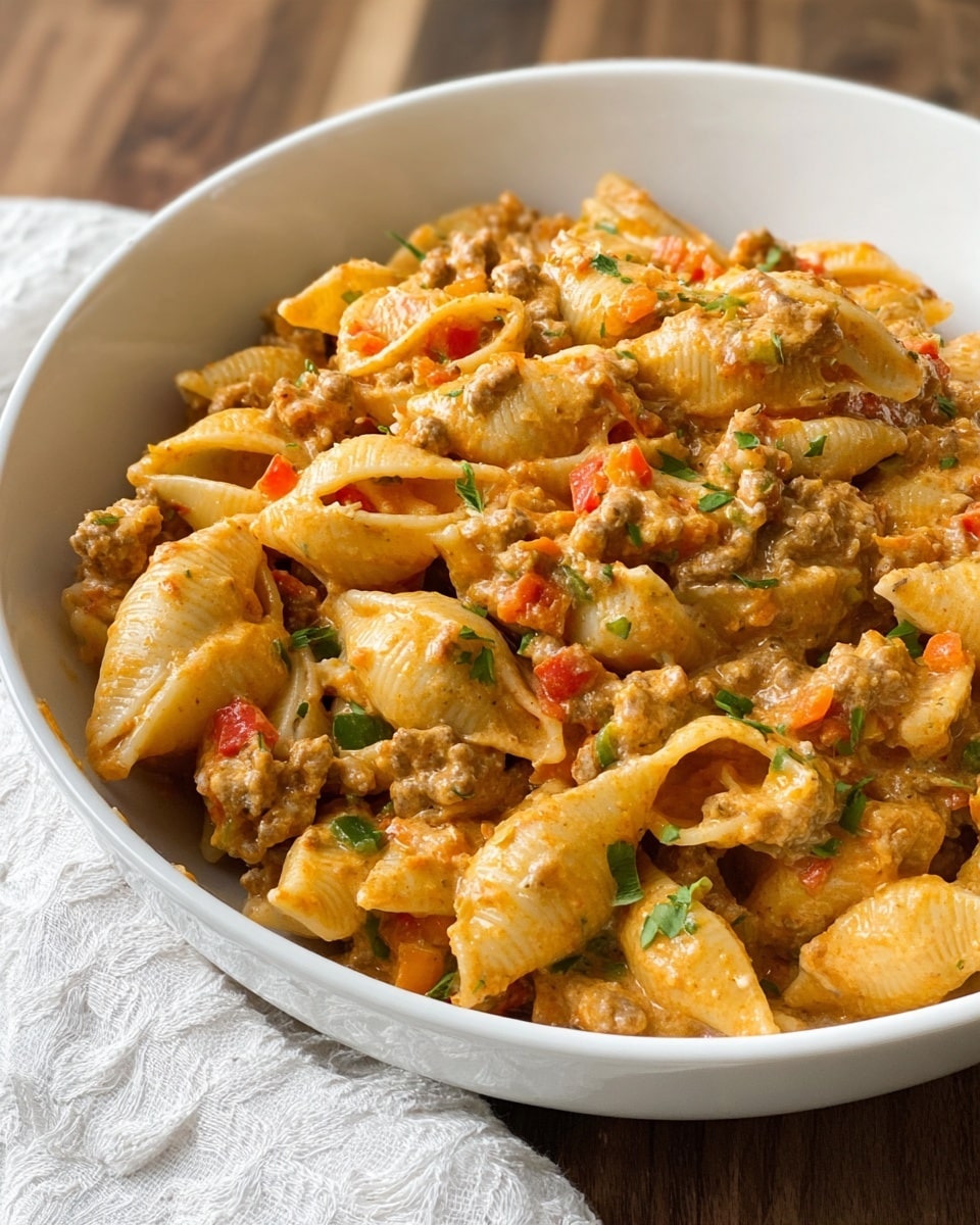 A white bowl is filled with shell pasta covered in a creamy, orange sauce mixed with small pieces of ground meat and diced red and green bell peppers, all topped with small bits of chopped green herbs. The pasta shells are coated evenly with the sauce, giving a rich and smooth texture that lightly glistens. The bowl sits on a wooden table with a white marbled textured cloth partially visible at the side. Photo taken with an iphone --ar 4:5 --v 7