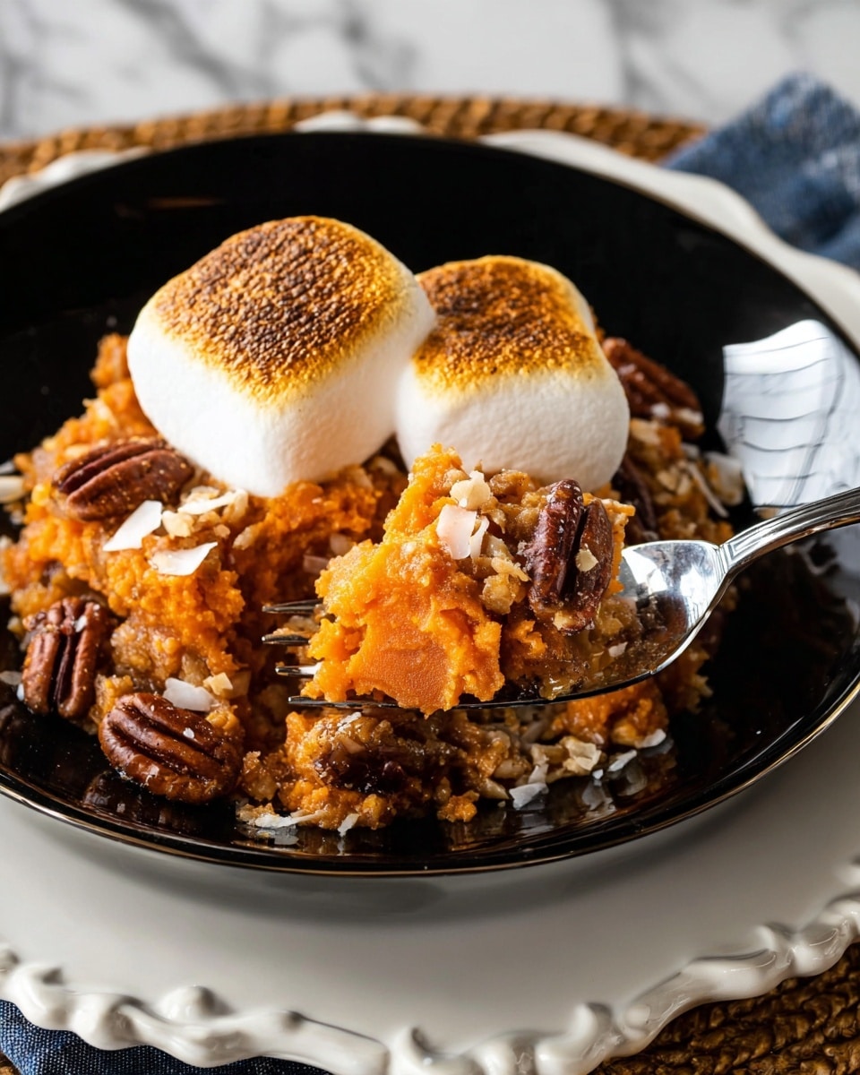 The image shows a close-up of a dessert dish on a shiny black plate placed on a white plate with scalloped edges, set on a white marbled surface. The dessert has a base layer of chunky golden-orange sweet potato or yam mixed with toasted pecans and some shredded coconut, giving it a textured look with crunchy nut pieces scattered throughout. On top, there are two toasted marshmallows, golden brown on the outside, melting slightly and blending with the sweet potato mix. A silver fork holds a scoop of the dessert, showing the moist, rich texture and whole pecan halves clearly. Photo taken with an iphone --ar 4:5 --v 7