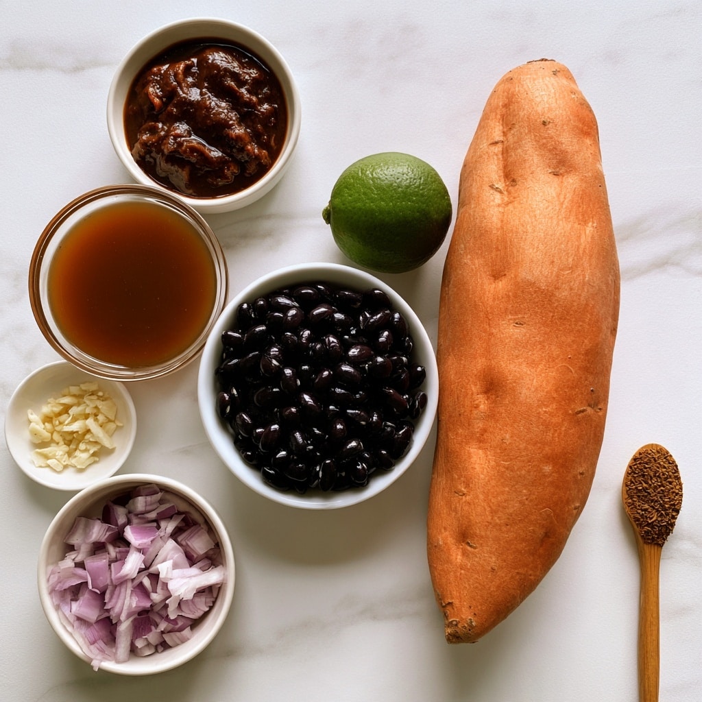The image shows several food ingredients arranged neatly on a white marbled surface. There is one large orange sweet potato placed diagonally on the right side. To its left, sits a small glass bowl filled with brown vegetable broth below a white bowl full of shiny black beans. Above the sweet potato, a small white bowl holds dark brown adobo sauce. A whole green lime is placed next to the bowl of sauce. On the far left, a small white dish contains finely chopped garlic, and beneath it, another white bowl is filled with chopped red onion pieces. Lastly, a small wooden spoon filled with brown cumin powder lies vertically on the right side near the sweet potato. photo taken with an iphone --ar 4:5 --v 7