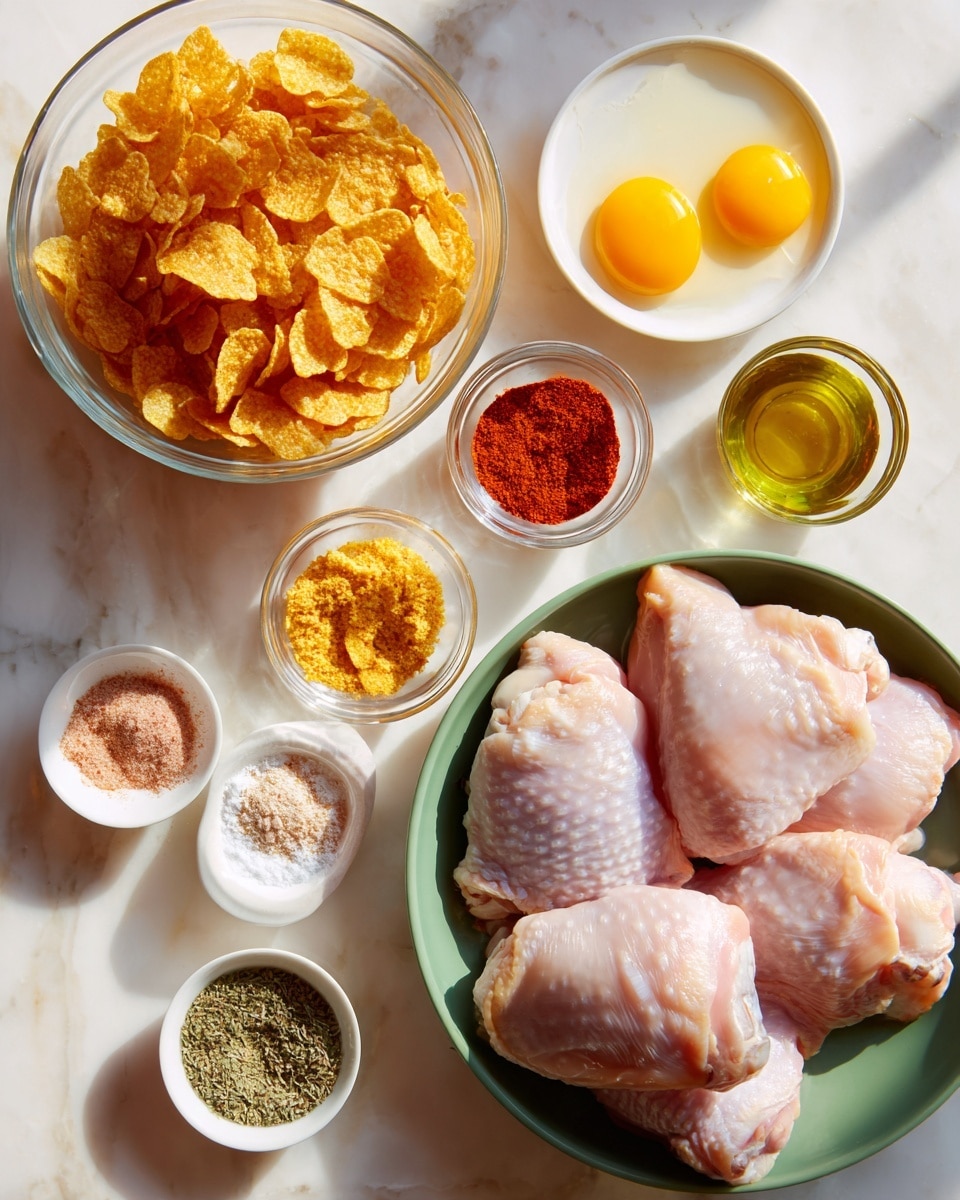 A top-down view of various ingredients arranged on a white marbled surface, featuring a green bowl filled with six raw chicken thighs with a glossy, pale pink skin, positioned at the center-right. To the left, there is a clear glass bowl containing bright golden-yellow cornflakes with a crispy texture. Above the chicken, a small white bowl holds two raw eggs with bright yellow yolks and clear whites. Surrounding these main items are small white bowls each containing different spices and liquids: an orange-red hot sauce, light pink salt, off-white garlic powder, orange-red paprika, green Italian seasoning mix, olive oil with a golden sheen, and yellowish egg crumbs or powder. The setup shows a neat, organized layout on a clean white marbled background with natural lighting. photo taken with an iphone --ar 4:5 --v 7