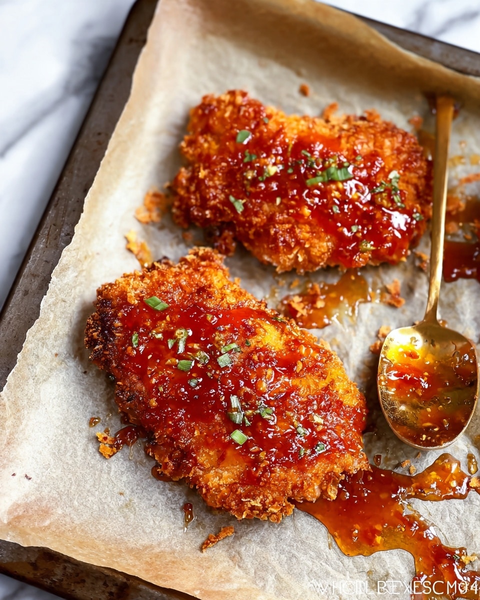 The image shows several pieces of crispy fried chicken on a baking tray lined with lightly browned parchment paper. The chicken pieces have a golden-brown textured crust with bits of batter clinging to the surface, and they are covered with a shiny reddish-orange glaze that glistens under the light. Some pieces are whole and rounded, while one piece is sliced into multiple layers revealing tender, light-colored meat inside. Small green herb sprinkles add color contrast across the chicken and tray. The background is a white marbled texture photo taken with an iphone --ar 4:5 --v 7