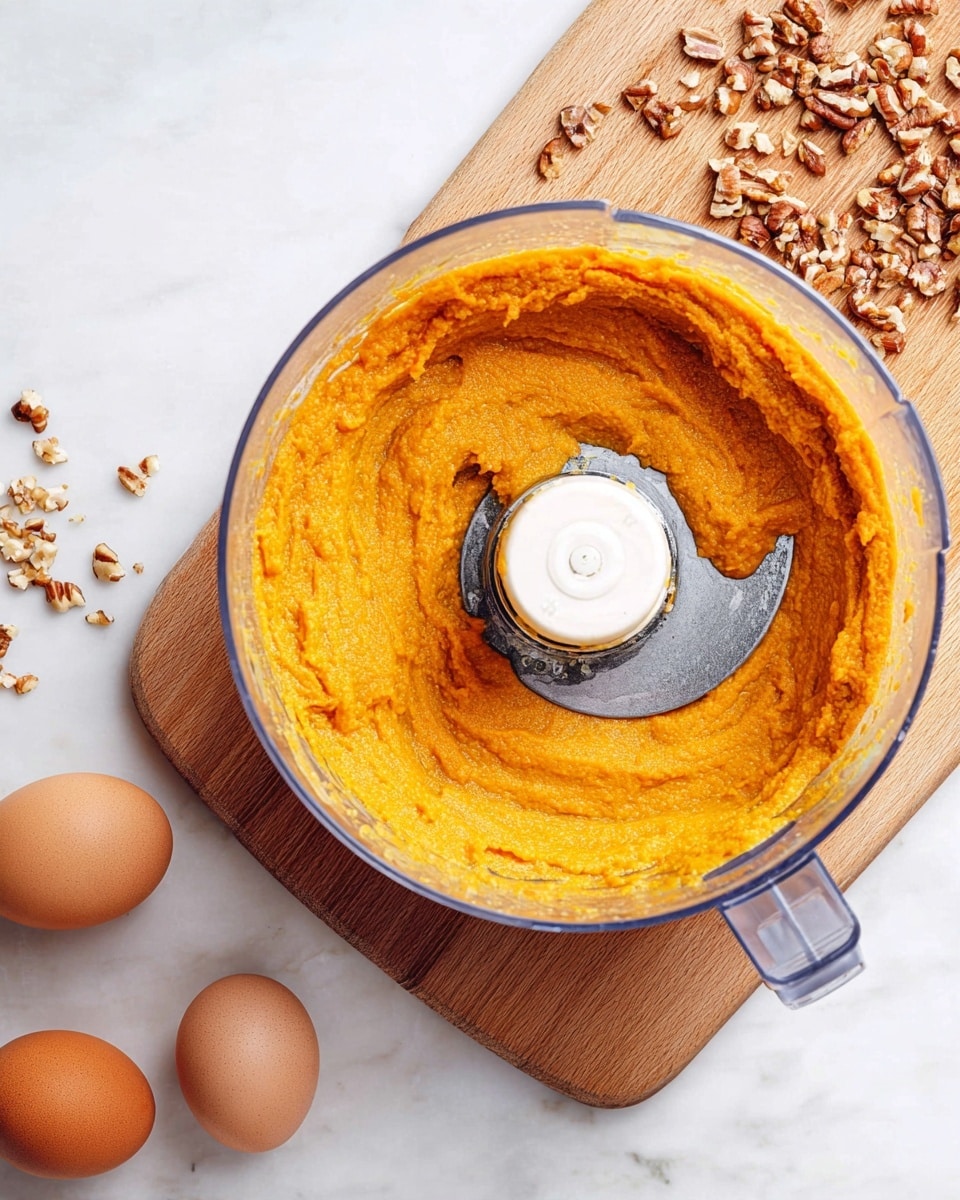 A clear food processor bowl filled with smooth, thick orange puree, gathered mostly around the edges with an exposed metal blade visible in the center; beside it, on a wooden cutting board placed on a white marbled surface, there are small chopped pecan pieces scattered; near the bottom left corner, three brown eggs rest on the white marbled surface, adding natural textures and tones to the scene. photo taken with an iphone --ar 4:5 --v 7