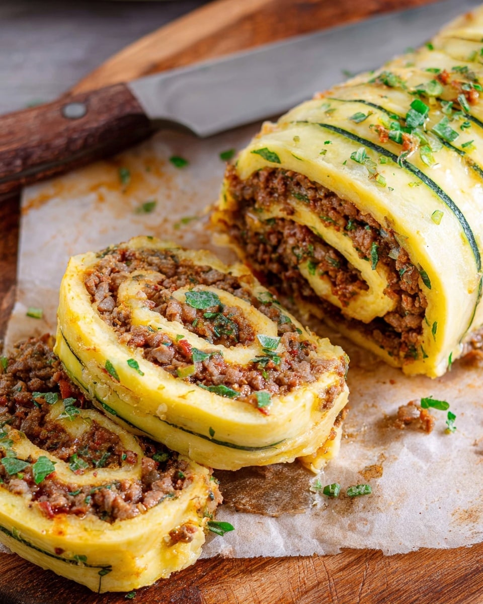 The image shows slices of a rolled dish with two visible layers; the outer layer is a smooth, pale yellow sheet with thin green stripes and slight grill marks, while the inner layer is filled with a moist, finely ground brown meat mixture sprinkled with small green herbs. The roll is cut into thick slices placed on parchment paper over a wooden board, with a large knife resting next to them. The texture of the outer layer looks soft but firm, contrasting with the crumbly meat filling that appears juicy and seasoned. Small bits of herbs and meat juices are scattered around the slices, emphasizing the fresh and savory nature of the dish. Photo taken with an iphone --ar 4:5 --v 7
