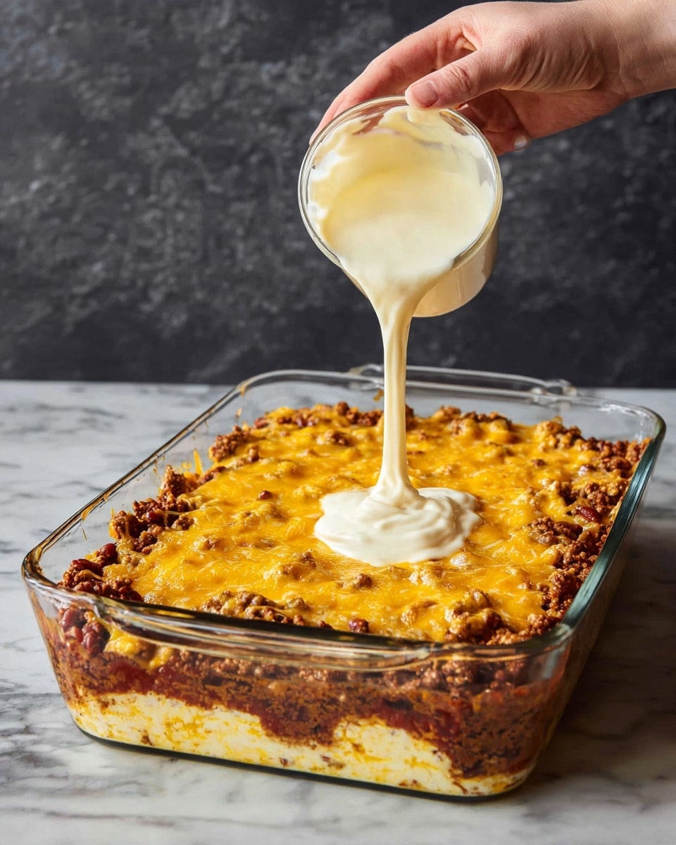 A glass baking dish filled with a three-layered casserole sits on a white marbled surface. The bottom layer is a dark reddish brown with visible chunks, likely a meat or bean mixture. The middle layer is a melted yellow-orange cheese spread evenly across the surface with a slightly bubbly texture. On top of the cheese, a creamy white sauce is being poured from a container held by a woman's hand, creating a thick pool in the center of the dish. The backdrop is a dark gray textured wall, contrasting with the bright food and the white marbled surface. photo taken with an iphone --ar 4:5 --v 7