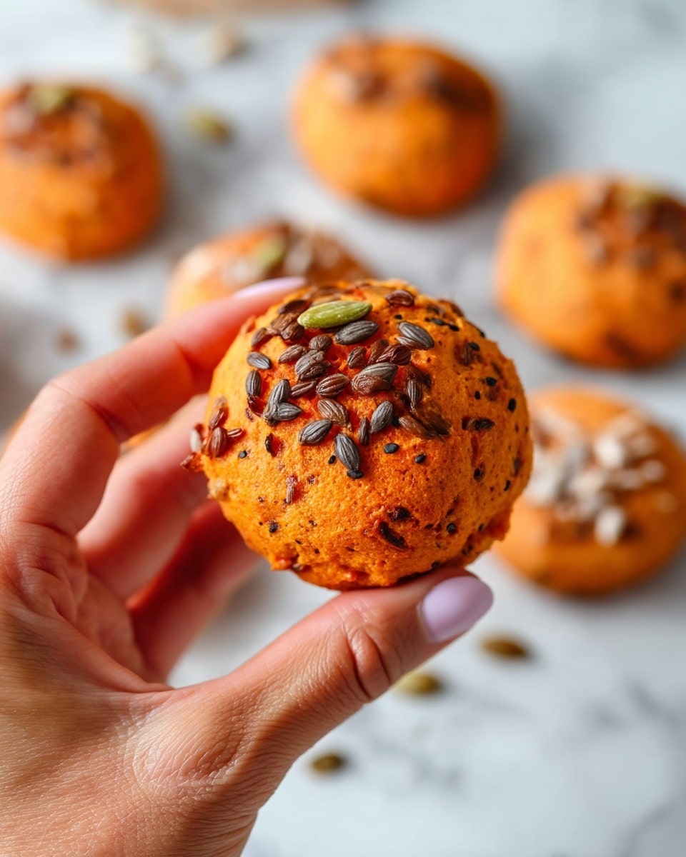 A close-up image shows a woman's hand holding a small round baked snack with a rough texture; the top has a mix of light brown and dark brown seeds scattered unevenly, and the snack itself is orange with a slightly crumbly surface. In the blurred background, there are more similar snacks placed closely together on a white marbled surface, showing the orange bases and varied seed toppings, creating a warm and textured scene. photo taken with an iphone --ar 4:5 --v 7