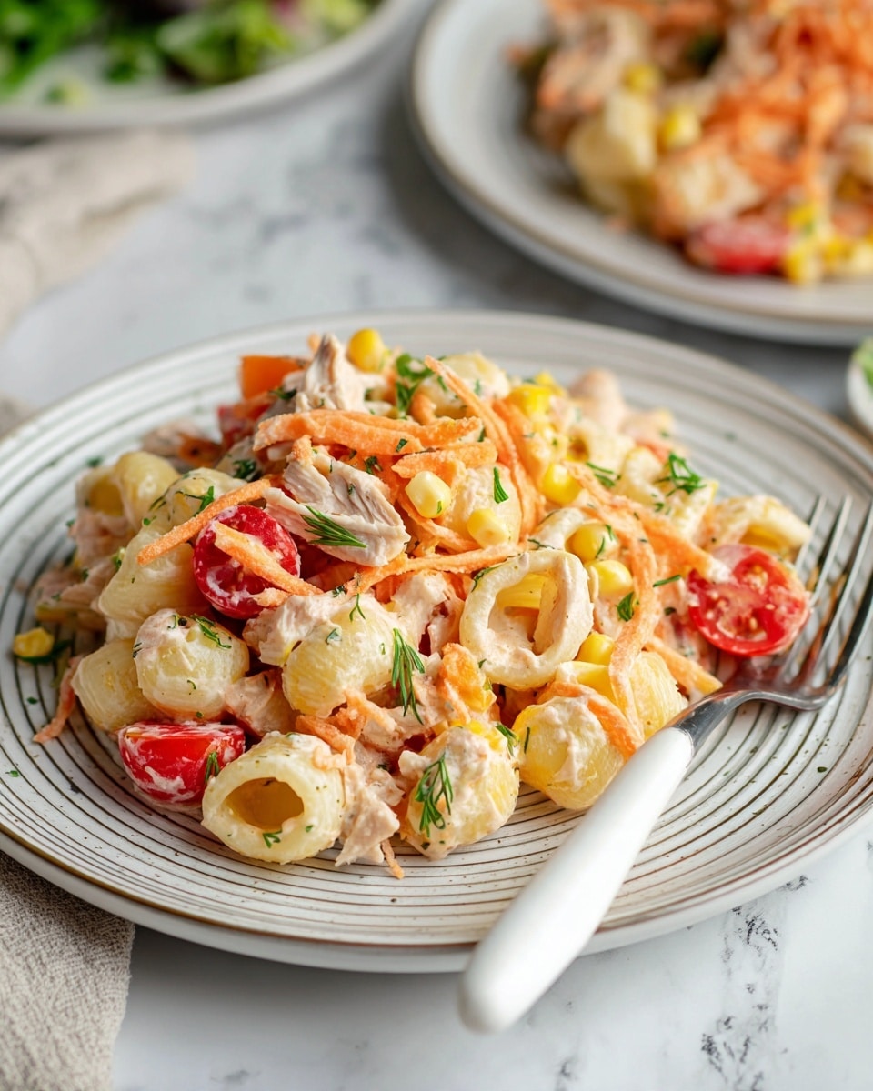 A white bowl with small dot patterns holds a creamy pasta salad with three main layers: pale yellow shell pasta, light pink shredded pieces of cooked chicken, and fresh vegetables including red cherry tomato halves, small white slices of boiled egg, thin orange carrot strips, and small pieces of light green celery. The salad is coated in a creamy white sauce and garnished with green fresh herbs, finely chopped parsley and sprigs of dill. A silver spoon is placed on the right side inside the bowl, resting partly in the salad. The bowl sits on a soft beige cloth on a white marbled surface. A lemon wedge and small bowls with green herbs are seen in the background. Photo taken with an iphone --ar 4:5 --v 7